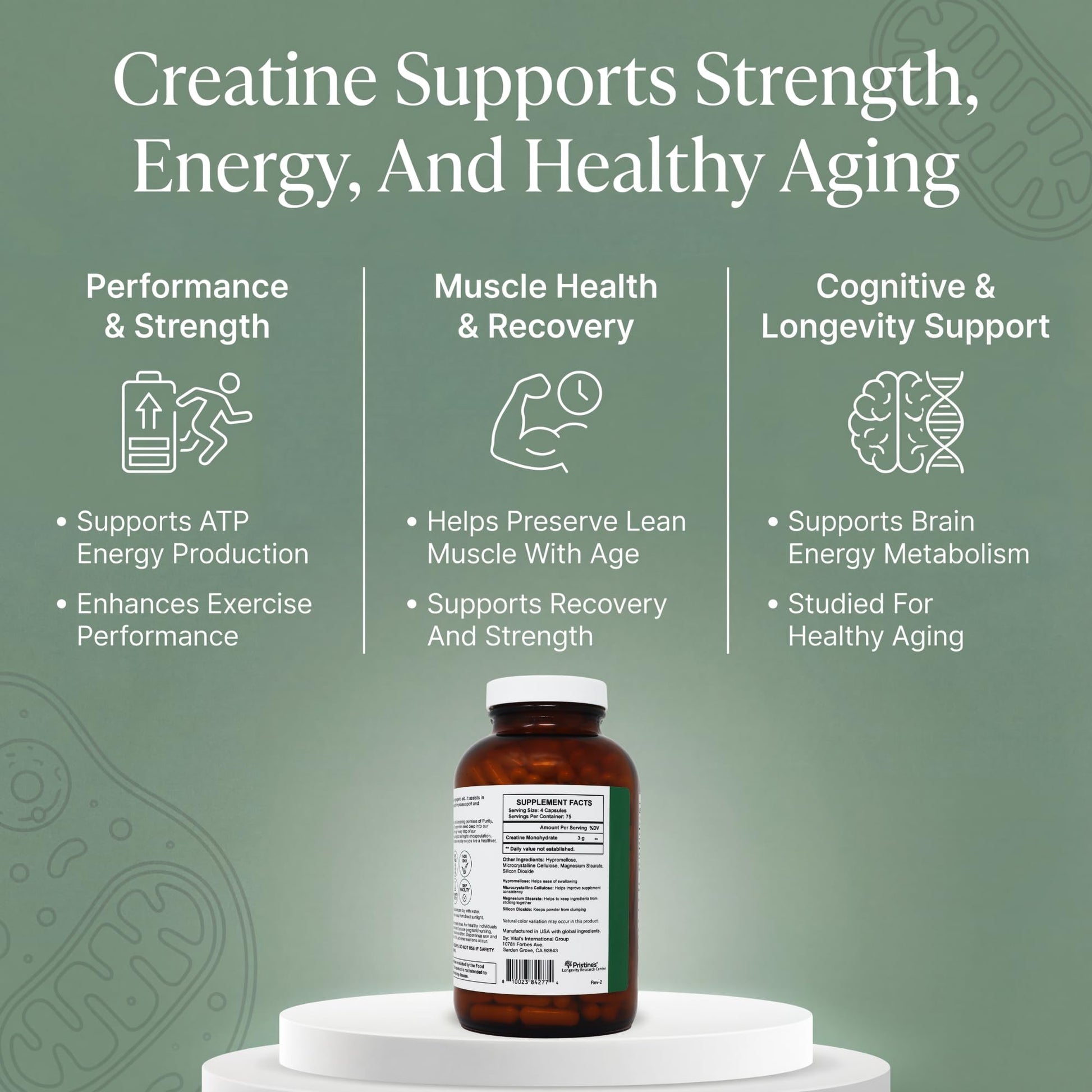 PRISTINE'S Creatine Monohydrate Capsules for Women & Men - NSF Certified 75 Day Supply 3G Muscle Growth Support Supplement - Cognitive & Athletic Performance Support - Enhanced Recovery PRISTINE'S Au supplements
