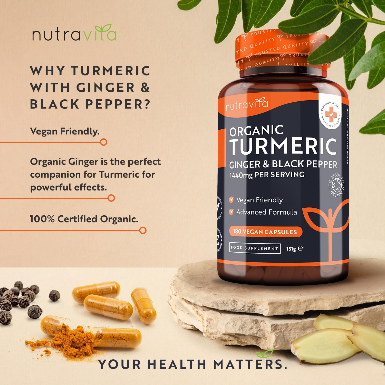 Organic Turmeric 1440mg (High Strength) with Black Pepper & Ginger - 180 Vegan Turmeric Nutravita Au supplements