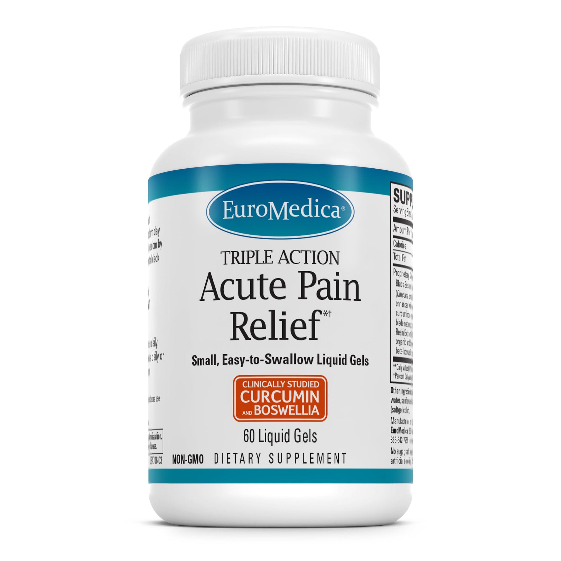 EuroMedica Acute Pain Relief - Dietary Supplement with BCM-95 Curcumin & BOS-10 Boswellia - Black Sesame Seed Oil Supplement to Support Relief of Occasional Discomfort - 60 Liquid Gels EuroMedica Au supplements