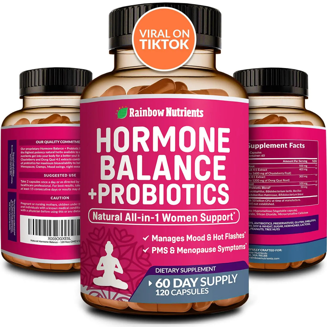 Hormone Balance + Probiotics for Women- Natural Menopause Relief, Weight Management, Bloating, Hot Flashes, PMS | Organic Maca, Chasteberry, Dong Quai & Black Cohosh | Non GMO |120 V Capsules Rainbow Nutrients, LLC uk supplements