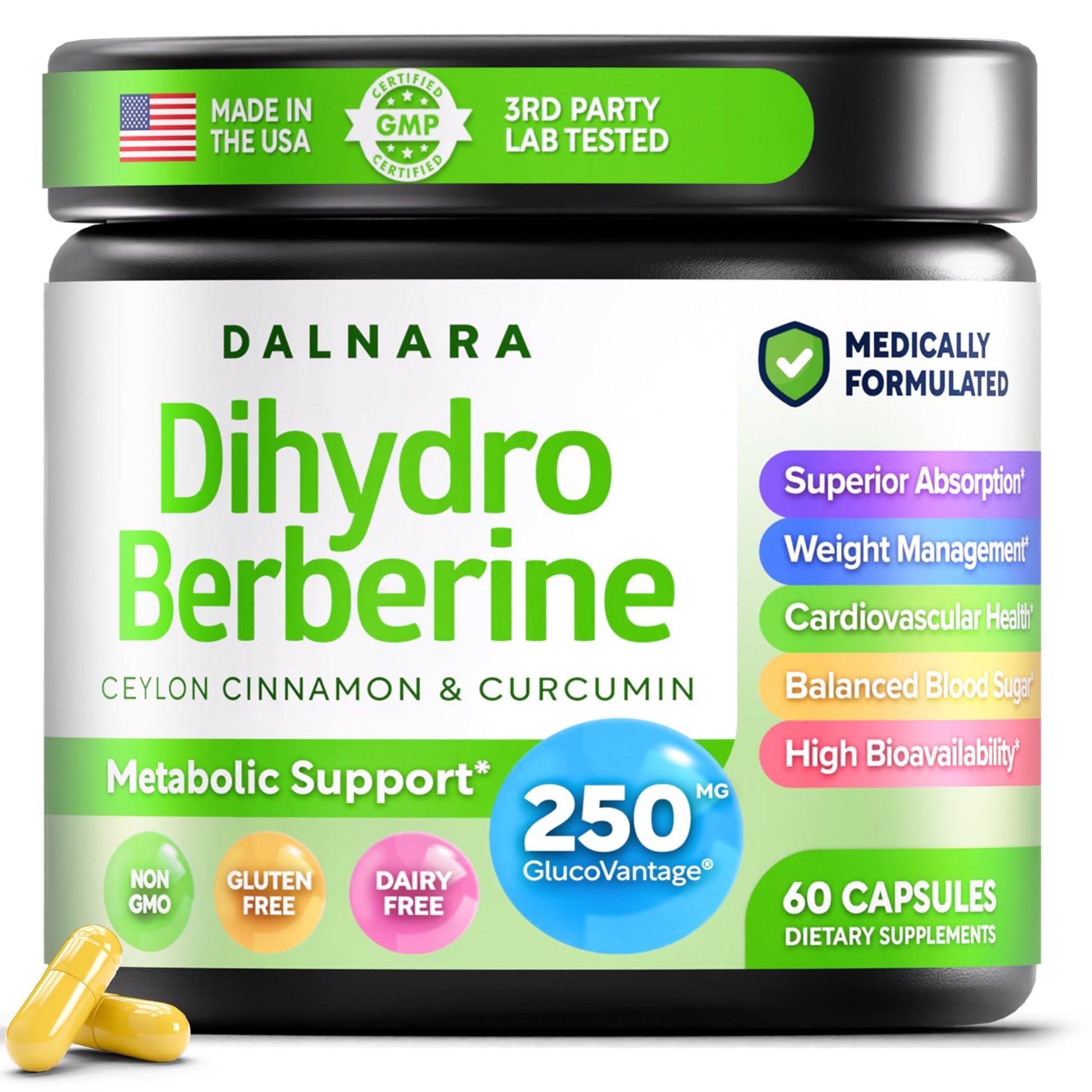 Dalnara Dihydroberberine Capsules 250mg, 60 Count - Supports Metabolic Wellness & Balanced Energy, Non-GMO,Dihydroberberine Supplement Dalnara Au supplements