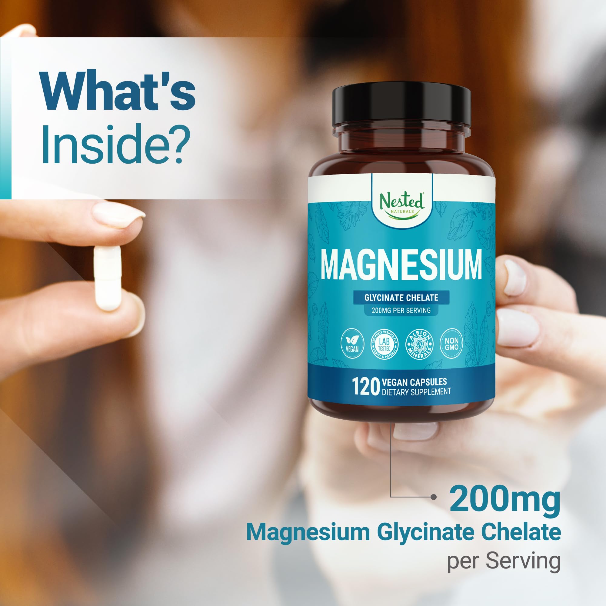 Nested Naturals Magnesium Glycinate Chelate - 200mg Chelated Magnesium Supplement for Muscle Cramps, Relaxation, & Sleep Support - 100% Albion TRACCS Buffered Magnesium Glycinate - 120 Vegan Capsules Nested Naturals Au supplements