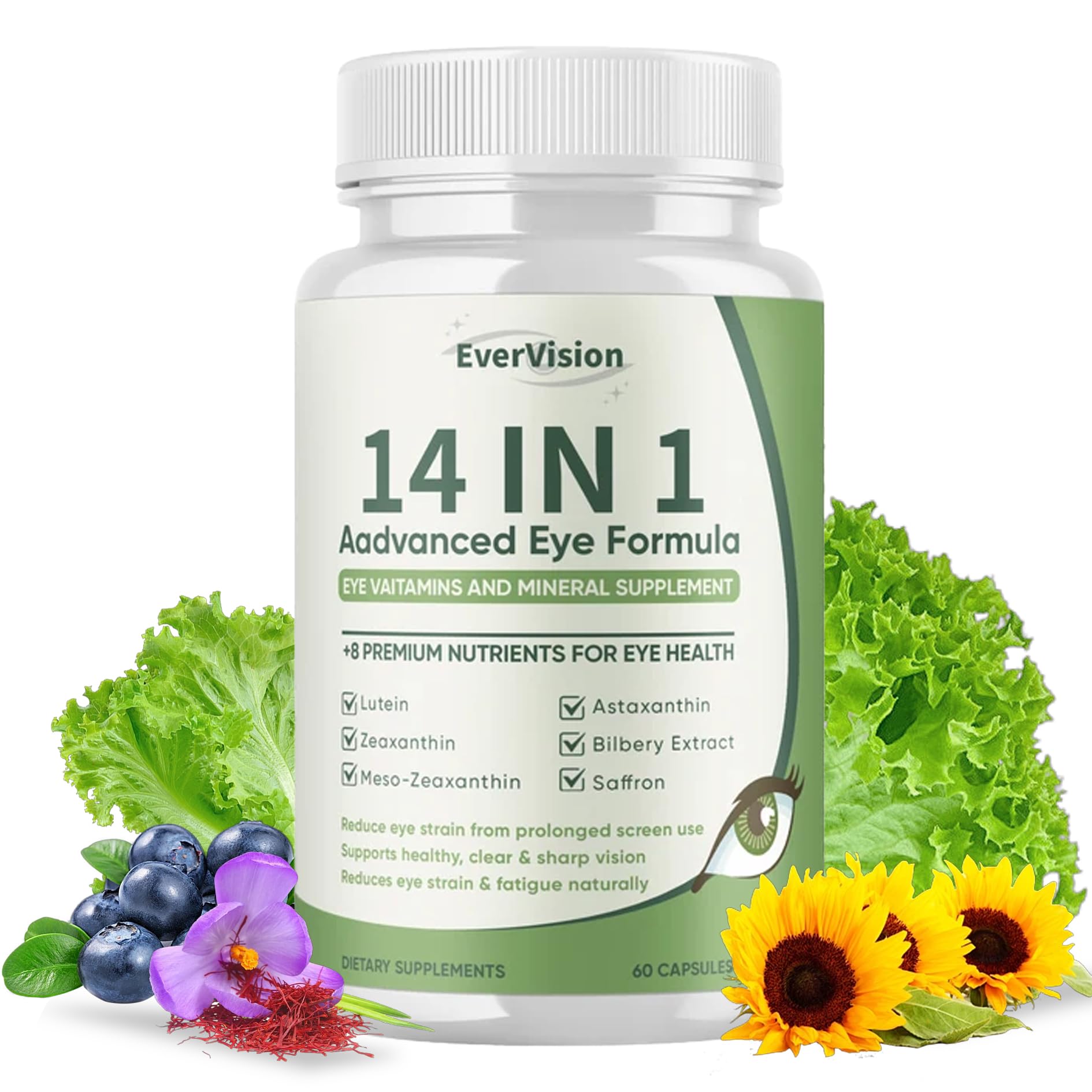 EVERVISION 14 in 1 Advanced Eye Formula, Eye Vitamin and Mineral Supplement with Zinc, Lutein, Zeaxanthin & Bilberry Extract, 60ct EVERVISION Au supplements