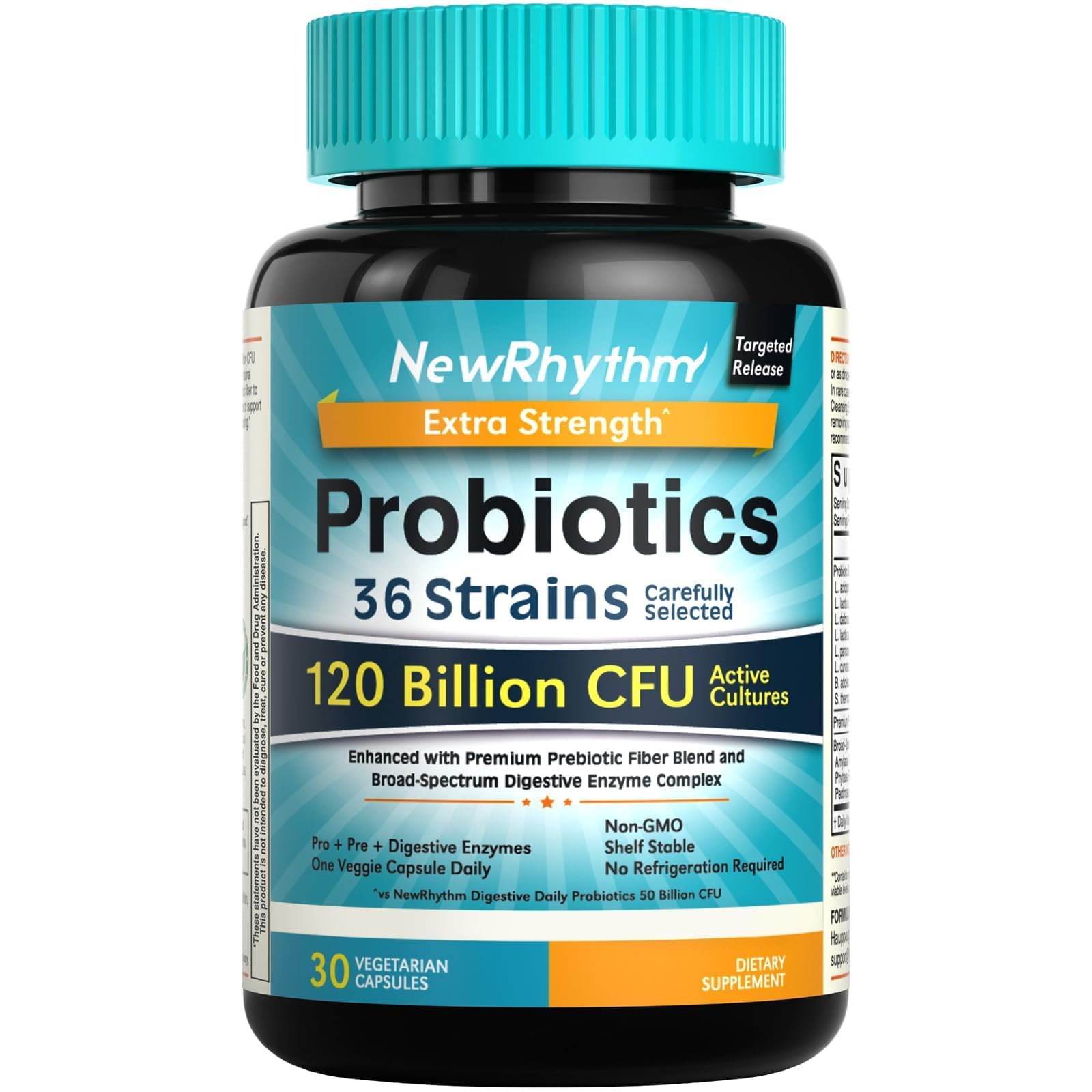 NewRhythm Probiotics 120 Billion CFU 36 Strains, 3-in-1 Probiotics with Prebiotics & Enzymes, Probioticos for Women & Men, Vegan Targeted Release Supplement, 30ct NewRhythm Au supplements
