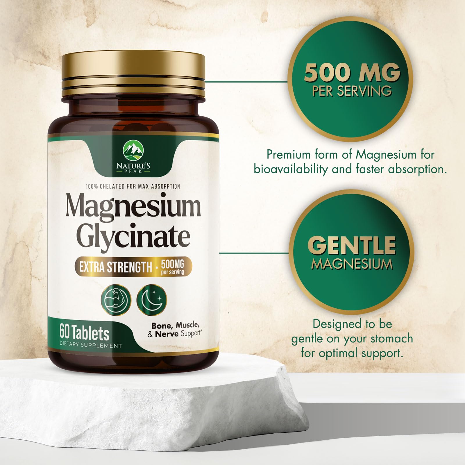 Magnesium Glycinate 500mg Per Serving - High Absorption Chelated Magnesium Supplement for Muscle, Bone and Heart Health Support - Easy Digestion & Gentle on Your Stomach - USA Bottled - 60 Tablets Nature's Peak Au supplements