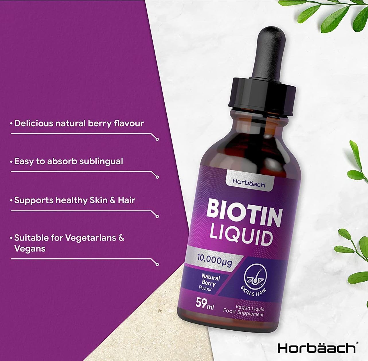 Biotin Liquid Drops for Hair & Skin Support | 10000 mcg Supplement | 59 ml Vitamin B7 Horbäach Au supplements