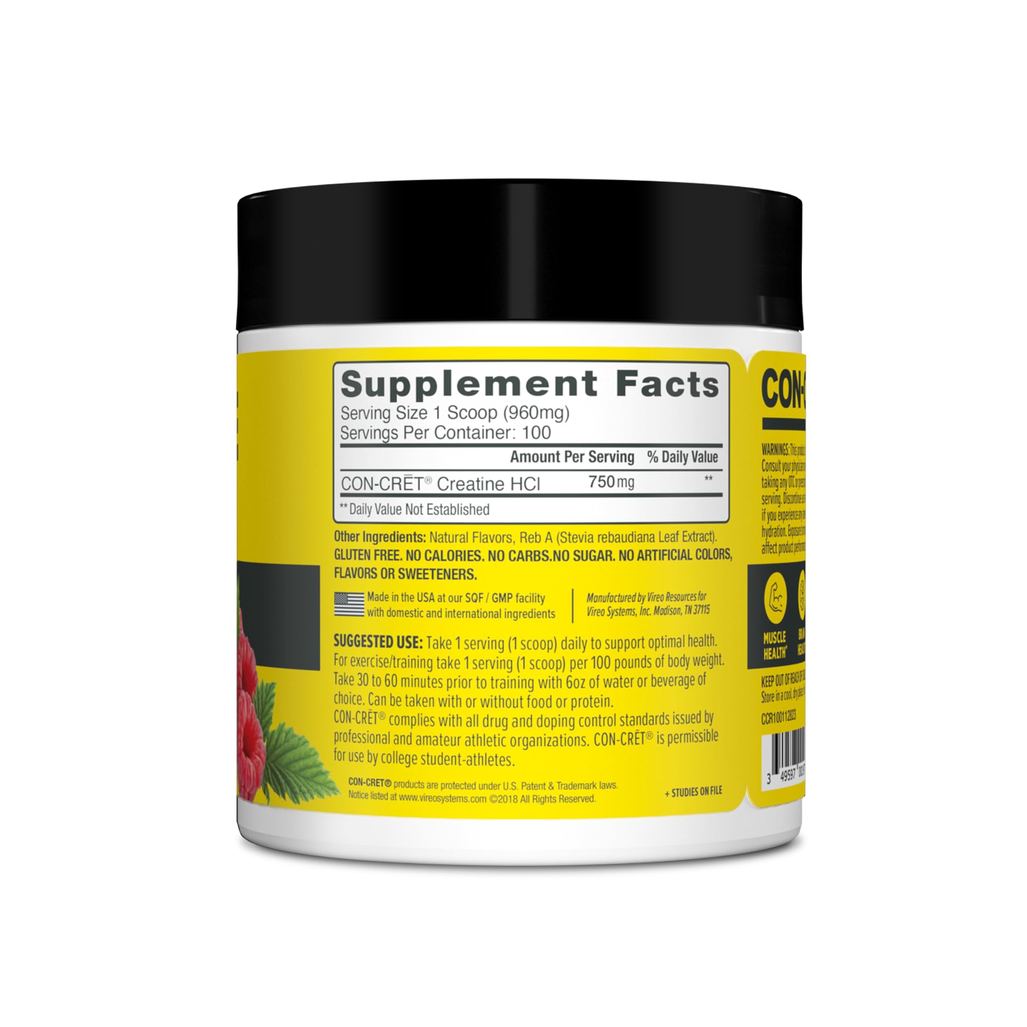 CON-CRET Creatine HCl Powder | Muscle, Cognitive, Cellular Energy Support | No Bloating or Cramps | USA Made & NSF Certified | Raspberry (100 Serving) CON-CRET Au supplements