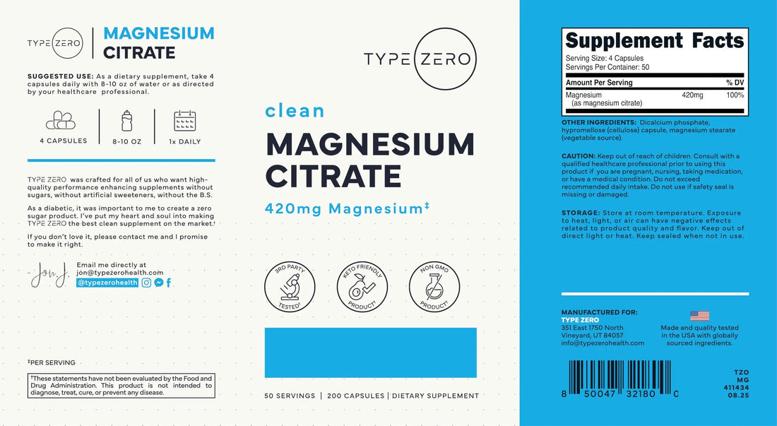 Type Zero Clean Magnesium Citrate Capsules (420mg Per Serving - 200 Capsules) Pure Magnesium Citrate Supplement, Non-GMO - Gluten Free, 50 Servings Type Zero Au supplements