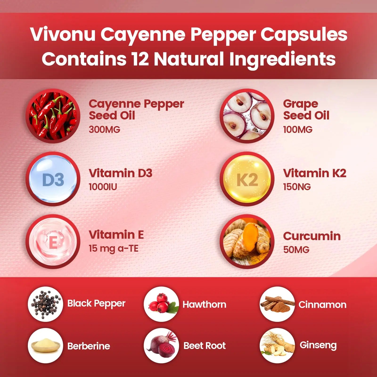 VivoNu Cayenne Pepper Softgels Supplement, Supports Leg Vein, Heart and Blood Vessel Health, with Vitamin E D3+K2 and Extracts of Grape Seed, Hawthorn, Beetroot, Berberine (Softgel / 1 Bag) VivoNu Au supplements