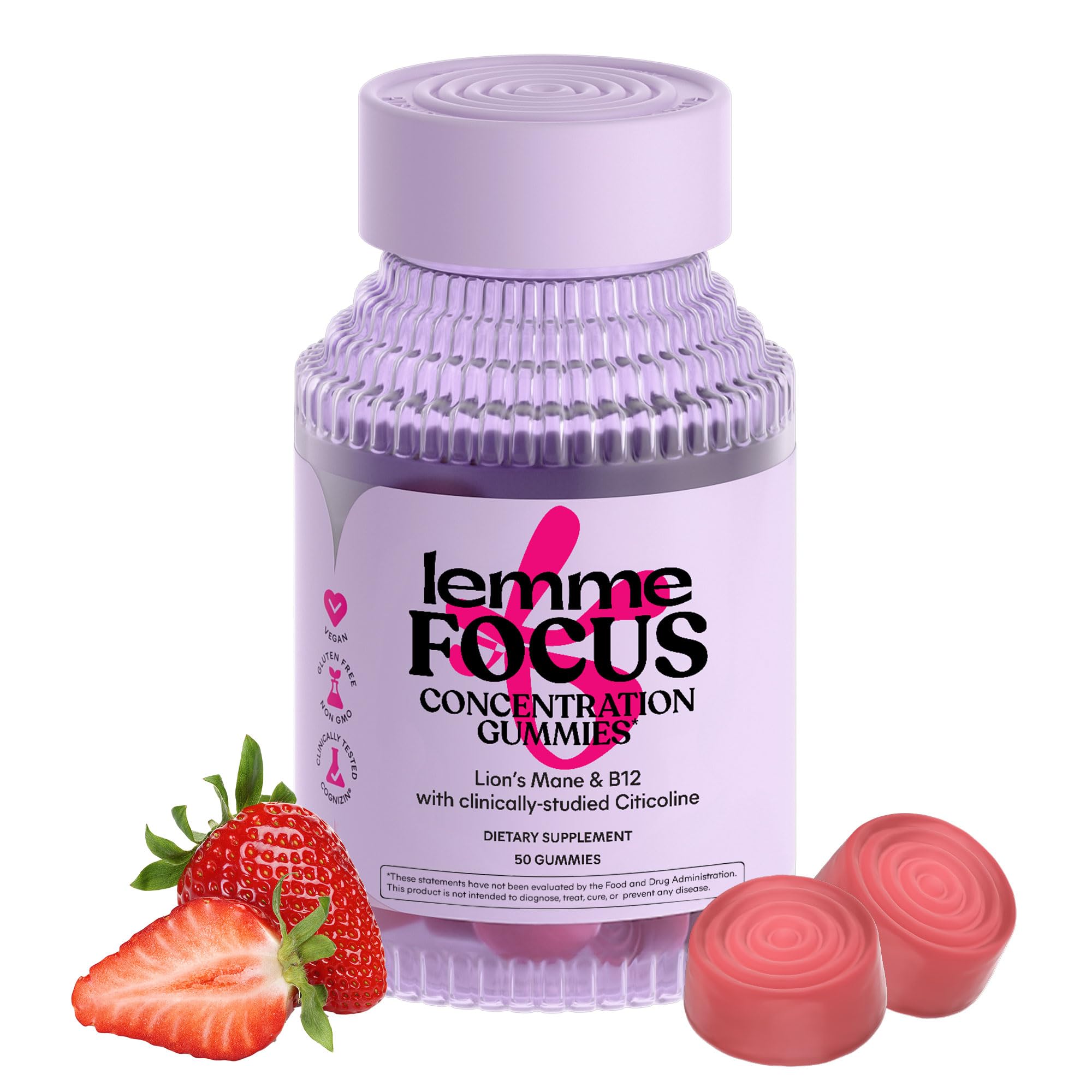 Lemme Focus Concentration & Brain Health Gummies with Cognizin Citicoline, Lion's Mane Mushroom, Vitamin B12 to Support Focus + Concentration - Gluten Free, Caffeine Free, Strawberry (50 Count) Lemme Au supplements