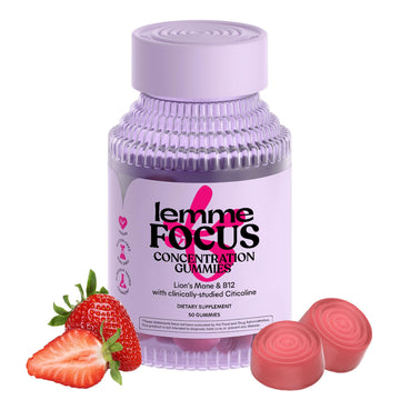 Lemme Focus Concentration & Brain Health Gummies with Cognizin Citicoline, Lion's Mane Mushroom, Vitamin B12 to Support Focus + Concentration - Gluten Free, Caffeine Free, Strawberry (50 Count) Lemme Au supplements