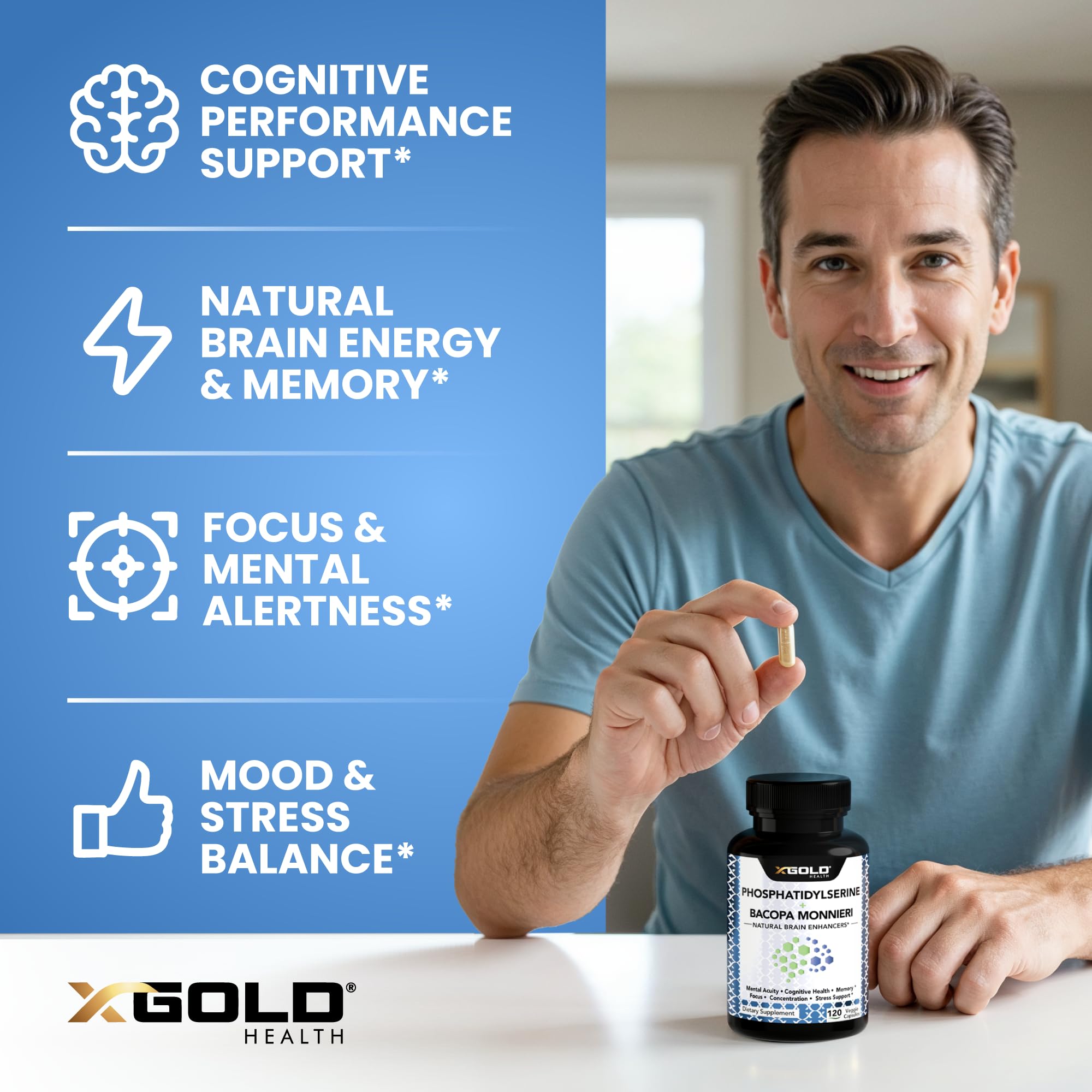 PhosphatidylSerine & Bacopa Monnieri 800 mg 2 in 1 Supplement - Natural Brain Enhancer/Nootropic for Enhanced Focus and Concentration, Memory Support, & Cognitive Function - 120 Vegetarian Capsules X Gold Health Au supplements