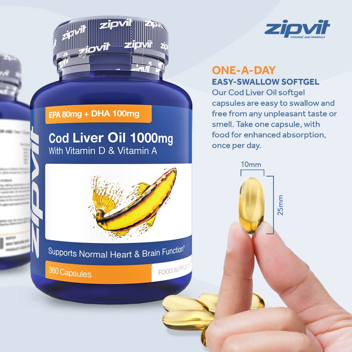 Cod Liver Oil 1000mg, 360 Capsules of High Strength Fish Oil, Rich in Omega 3. Supports Zipvit Au supplements