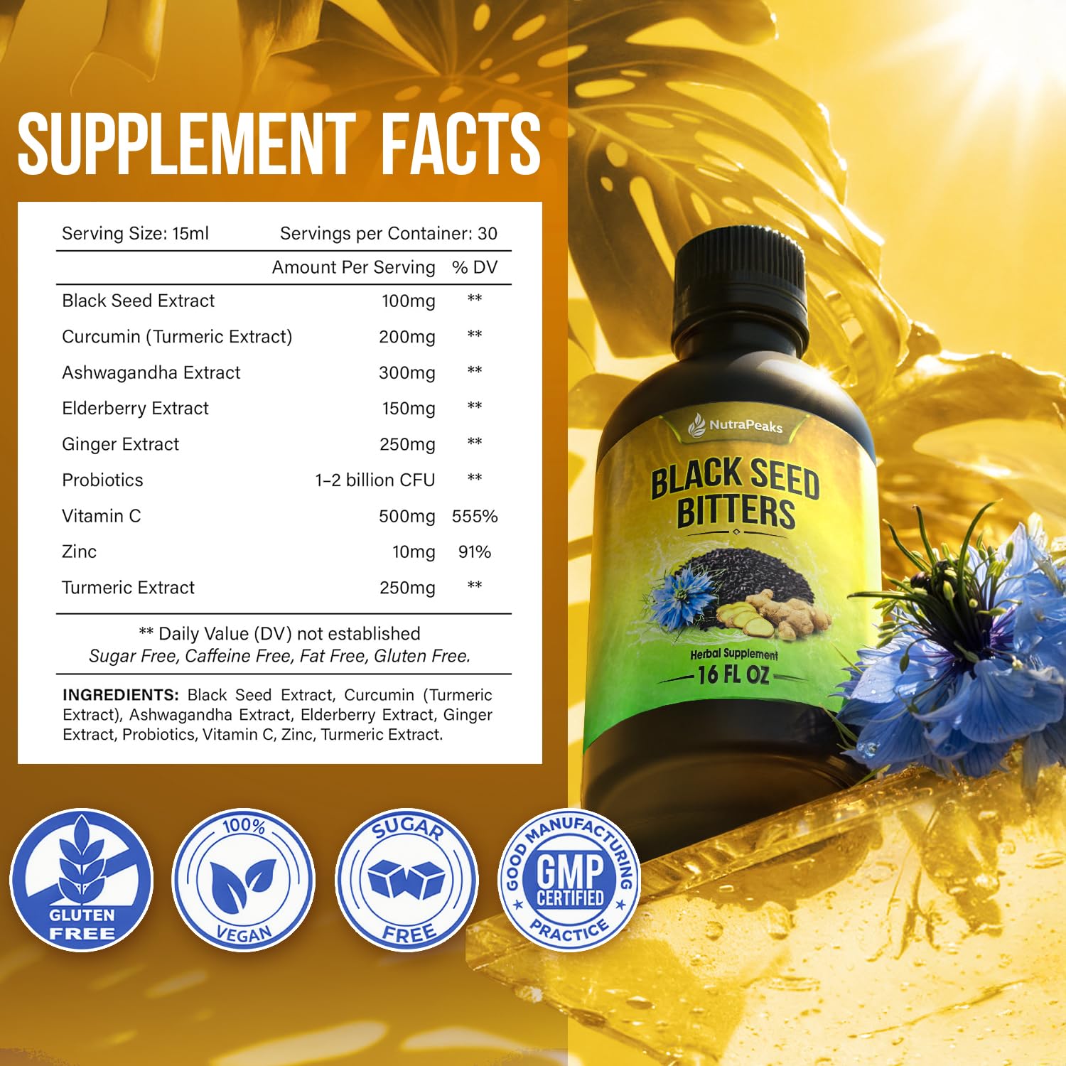 Black Seed Oil Bitters Liquid - Premium Herbal Blend with Black Seed Extract, Curcumin (Turmeric Extract), Ashwagandha, Elderberry, Probiotics, Vitamin C, Zinc...16 fl oz | Natural Botanical Blend NutraPeaks Au supplements