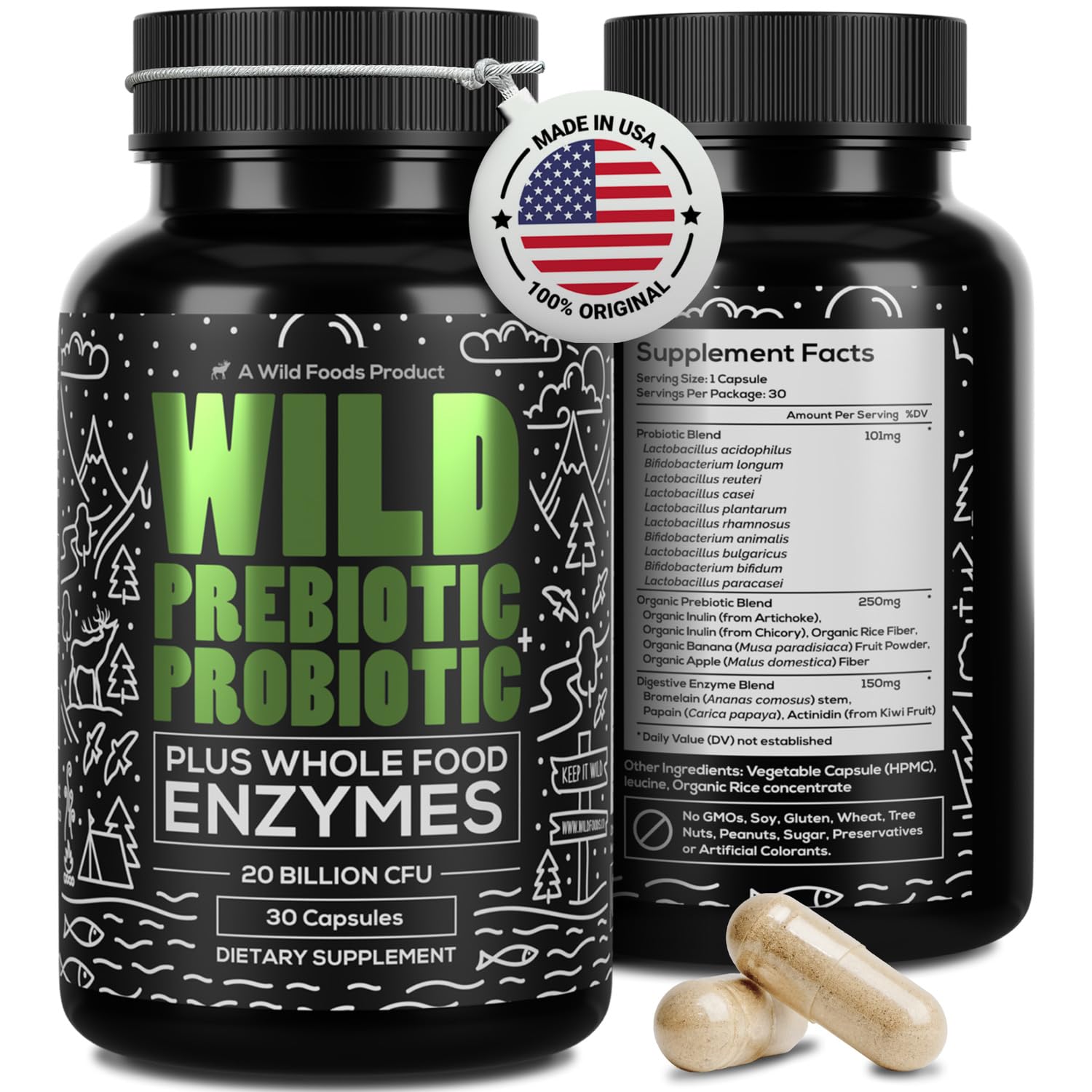 Wild Prebiotics and Probiotics with Digestive Enzymes | 20 Billion CFU - 10 Strains for Women & Men | Support Gut Health & Digestion Supplements | Non-GMO Prebiotic Fiber | 30 Capsules Wild Foods Au supplements