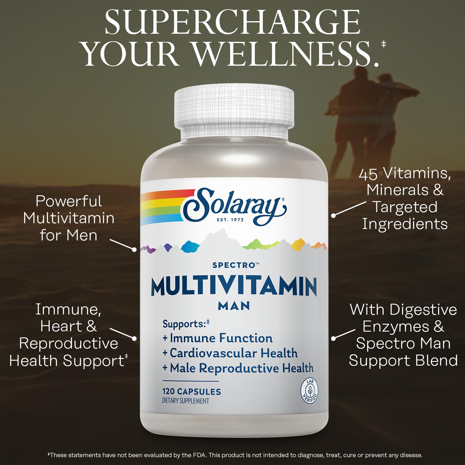SOLARAY Spectro Multivitamin for Men - Cellular Energy, Heart Health, Immune Support - 45 Vitamins and Minerals w/Vitamin A, Vitamin C, D, Zinc, Digestive Enzymes, CoQ10, 60-Day Guarantee, 30 Serv. SOLARAY Au supplements