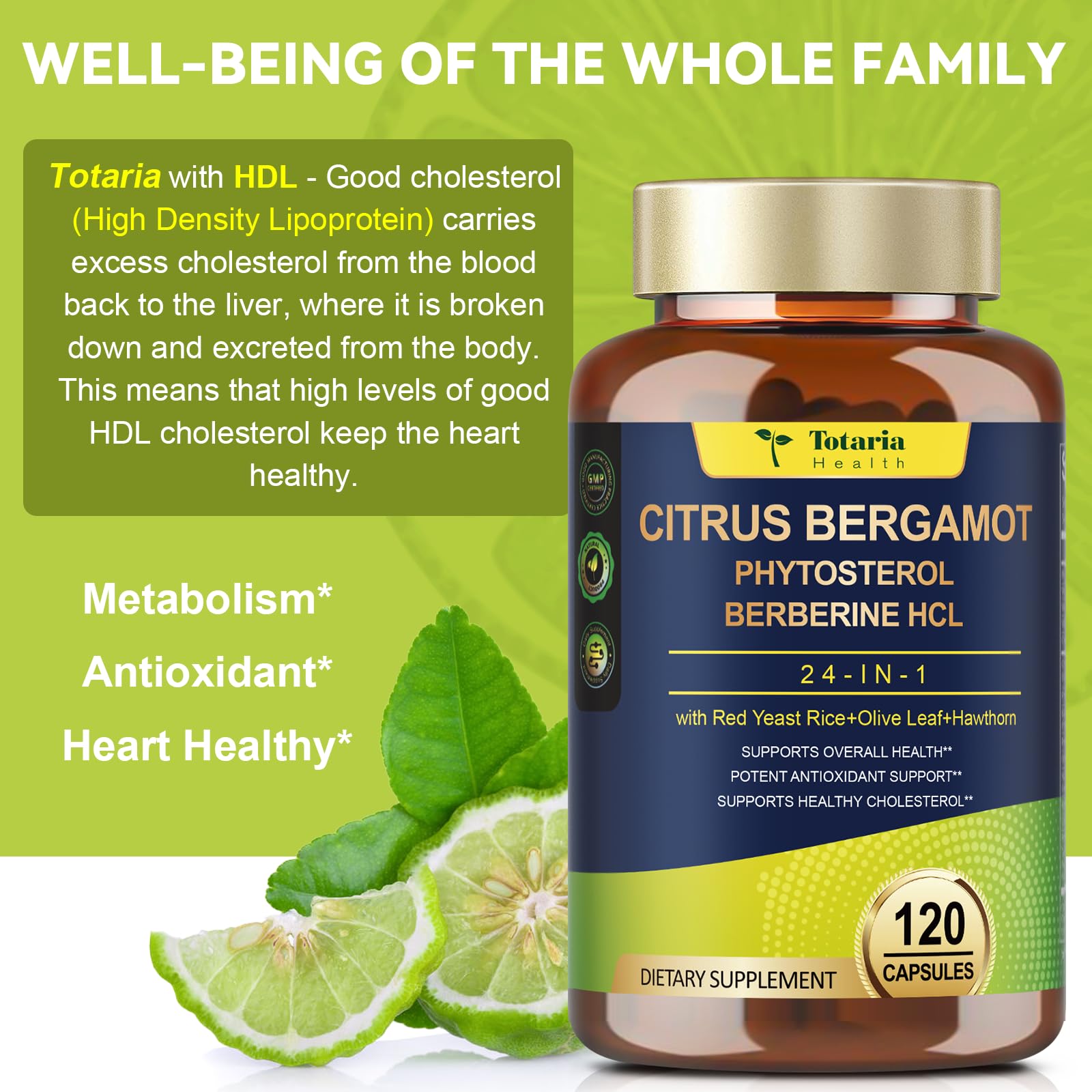 Citrus Bergamot Supplement for High Cholesterol - Italian Citrus Bergamot & Plant Sterols Stanols Natural Way to Balance Cholesterol Level, Cholesterol Lowering Supplements, Vegan, Non-GMO, 120 Counts Totaria Au supplements