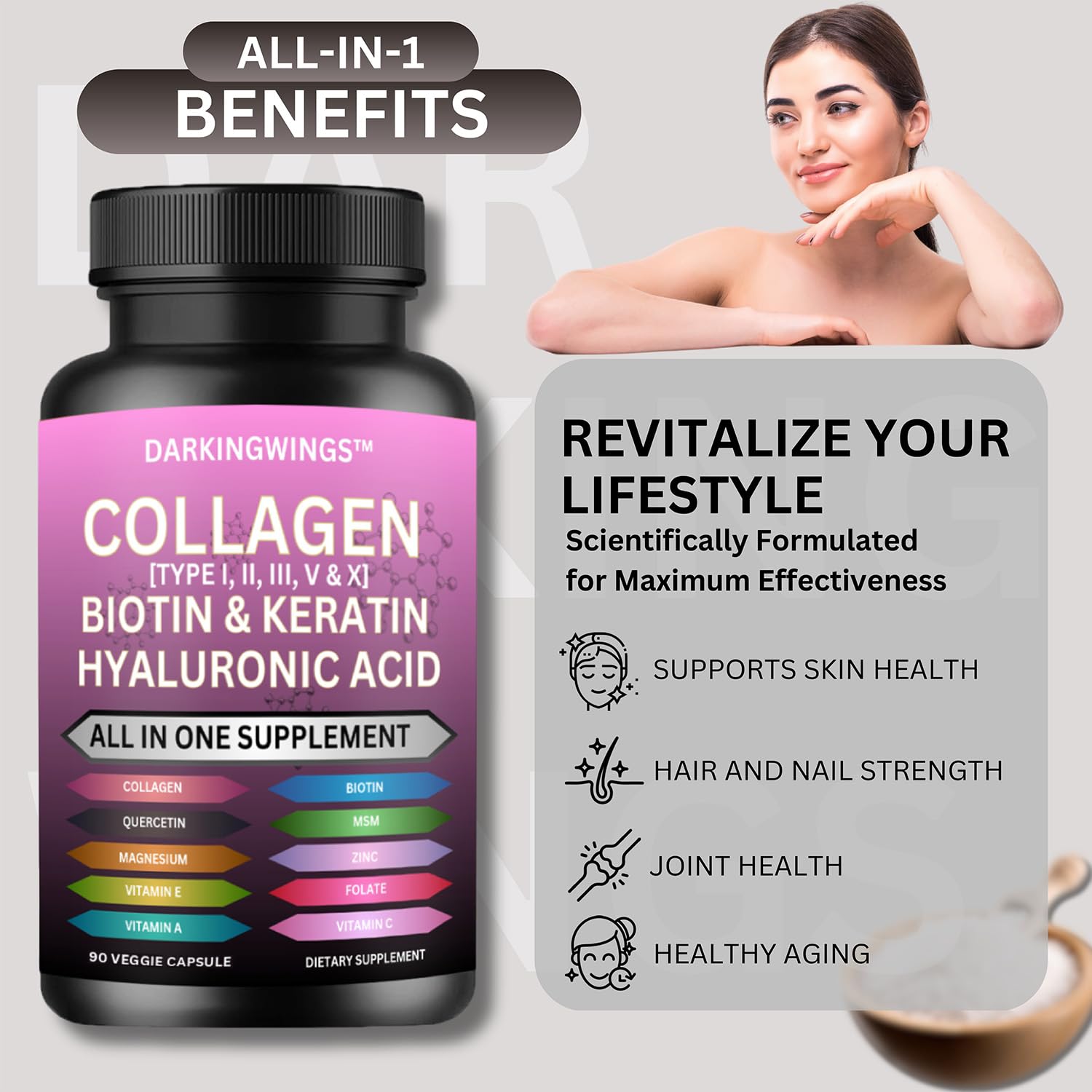 Multi Collagen Pills Peptides Types I, II, III, V & X MCG Biotin Keratin Hyaluronic Acid MSM Vitamin C Zinc Magnesium with Grape Seed Extract, Quercetin - Hair Skin and Nails Vitamins Capsule Darkingwings Au supplements