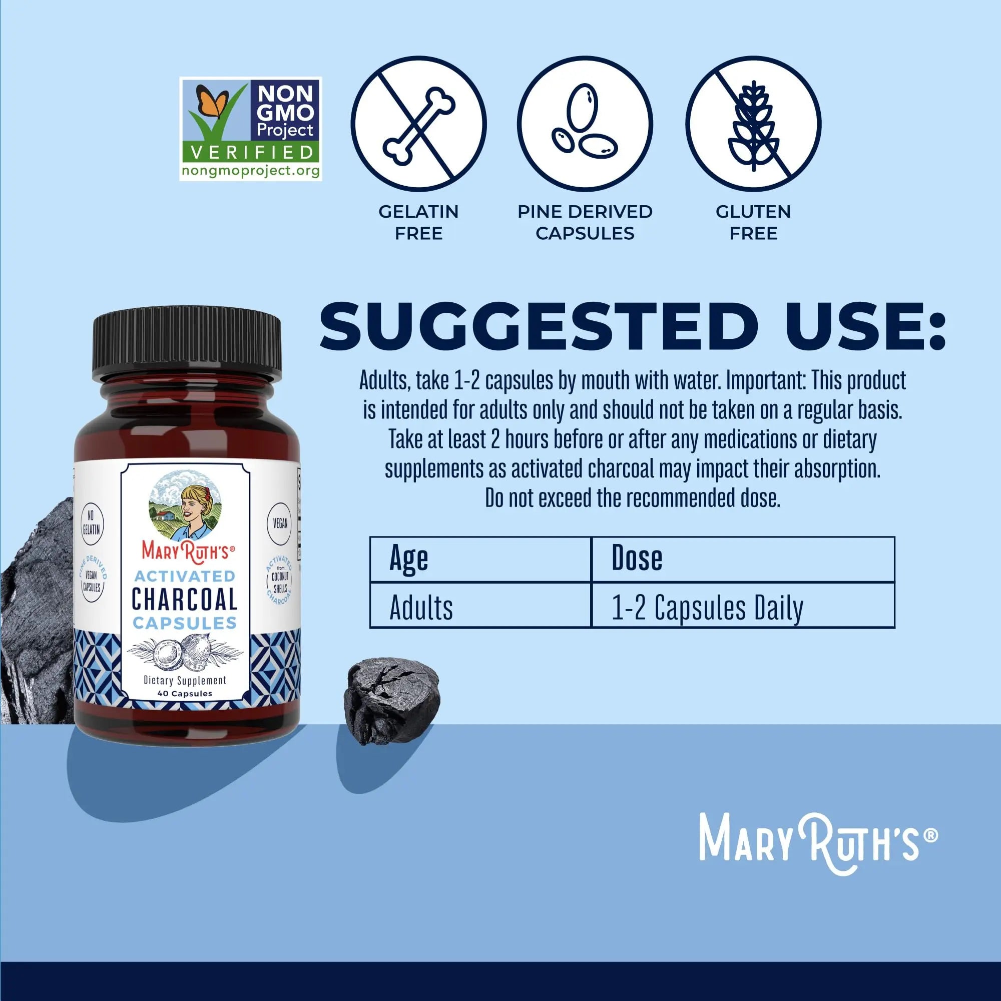 MaryRuth Organics Activated Charcoal Capsules | Substance Adsorption | Derived from Coconut Shells | Vegan Capsules from Pine Trees | Non-GMO | Gluten Free | 40 Count MARYRUTH'S Au supplements
