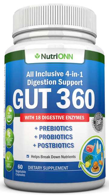 4-in-1 Probiotics, Prebiotics & Postbiotics with 18 Digestive Enzymes for Women & Men - Complete Gut & Digestive Support Supplement - Bloating Relief and Enzymes for Digestion - Non GMO - Vegan NutriONN Au supplements