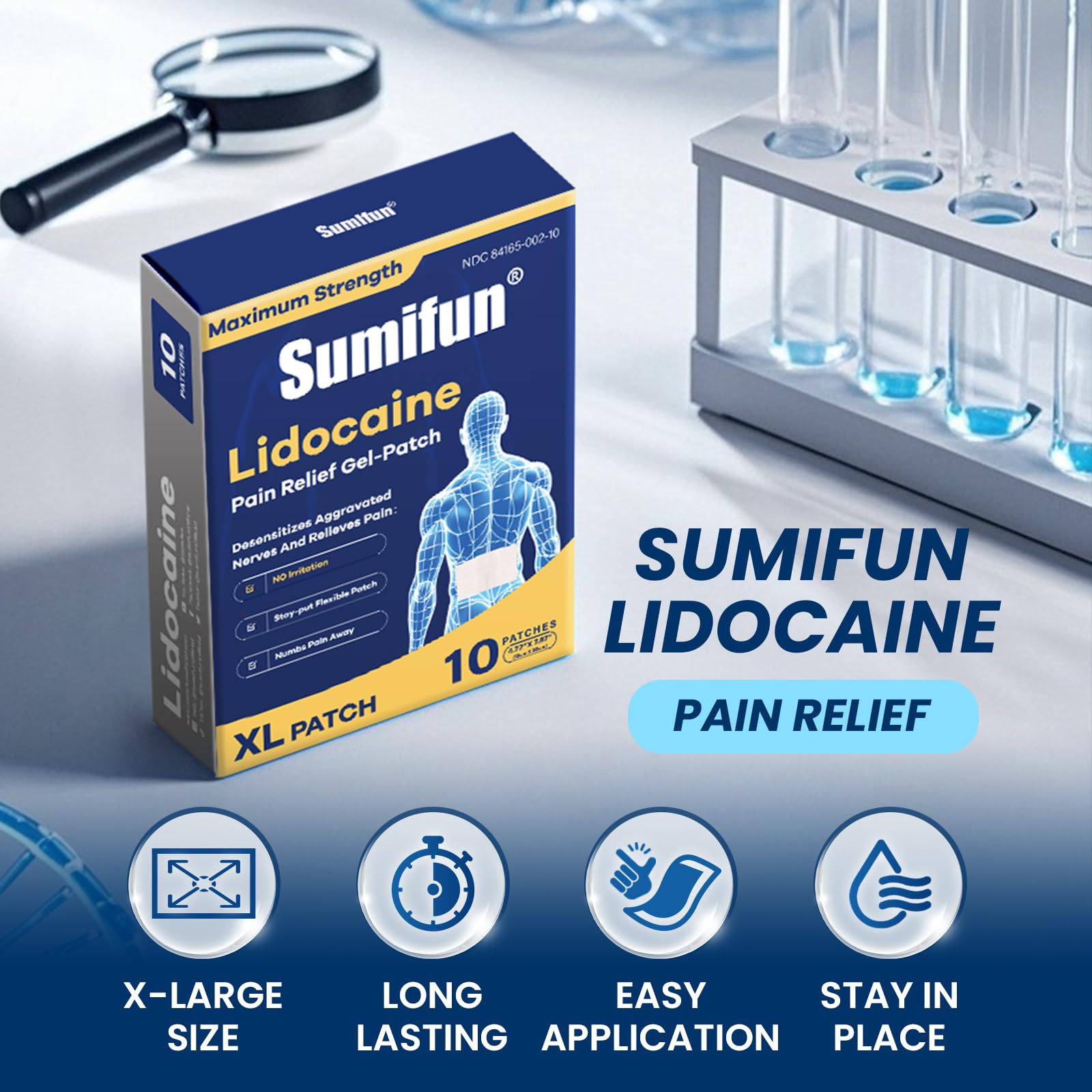 Sumifun 4% Lidocaine XL Pain Patches | Extra Large 4.72"x7.87" for Full Back & Thigh Coverage | Maximum Strength OTC Numbing | 8-Hour Medical Adhesion (X-Large, Count, 10) Sumifun Au supplements