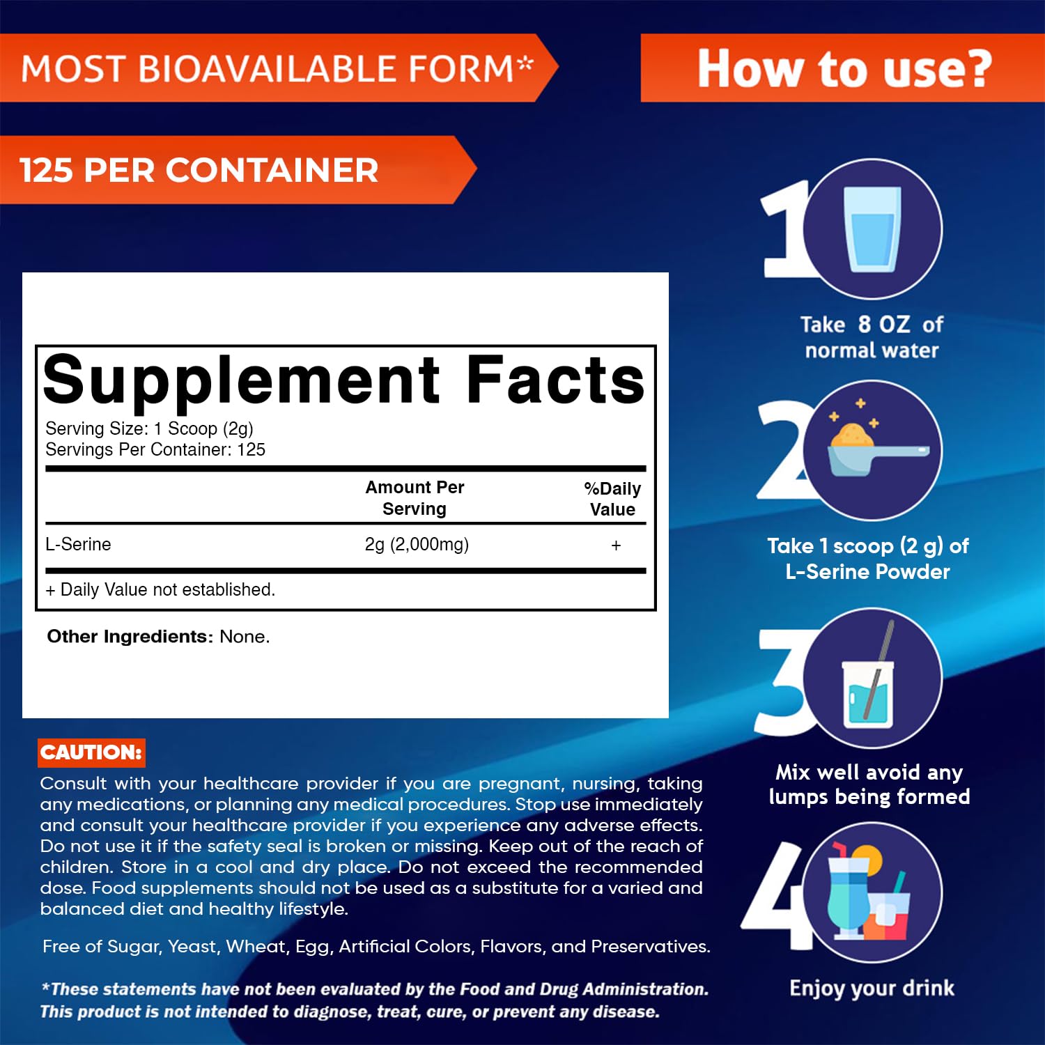 Vitamatic L-Serine Pure Powder 250 Gram | 2000 mg per Serving | 125 Servings | Unflavored | No Additives | Free of Soy, Eggs, Fish & Artificial Ingredients Vitamatic Au supplements
