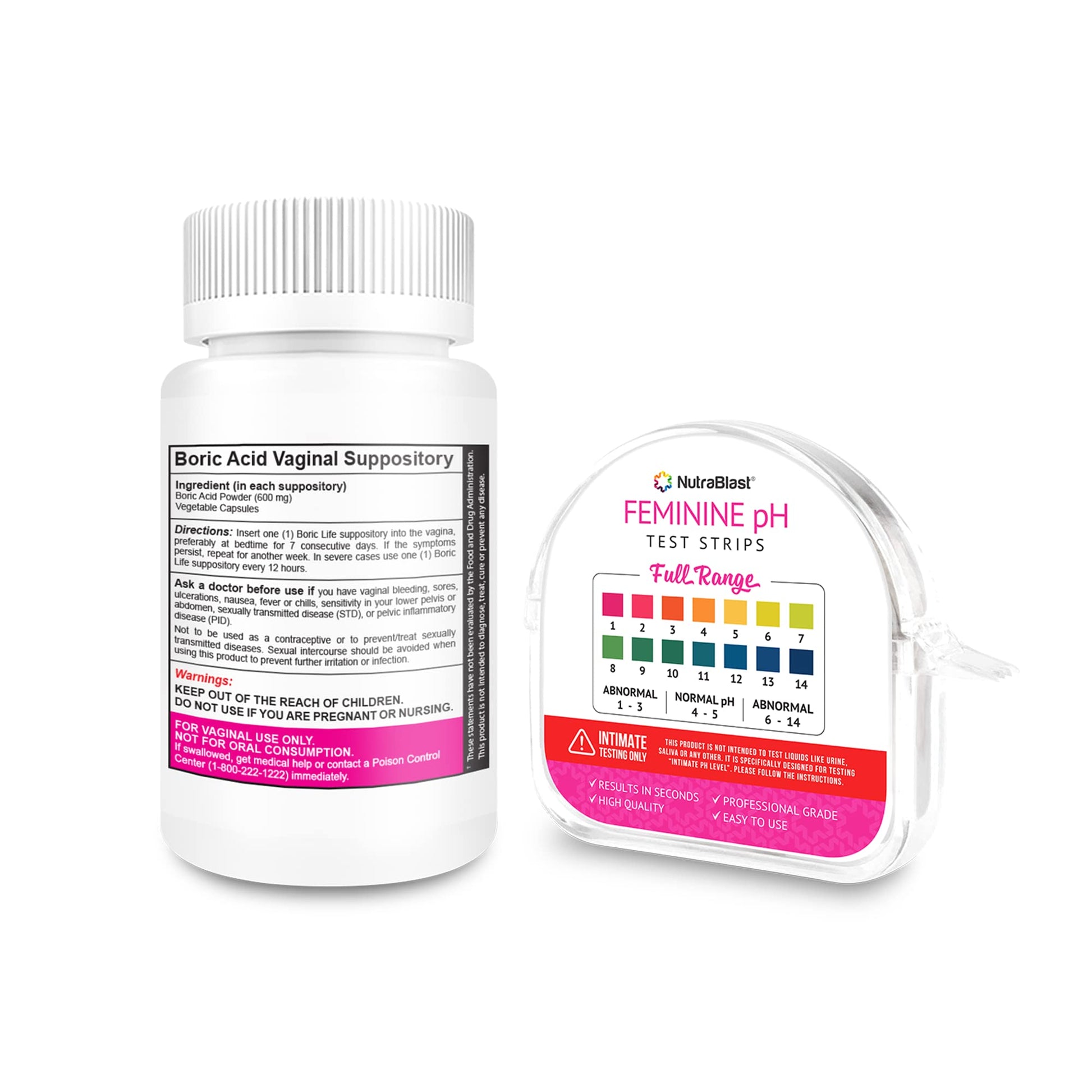 NutraBlast Boric Acid Vaginal Suppositories 600mg (30 Count) & Feminine pH Test Strips 1-14 (100-Tests Roll) NutraBlast Au supplements