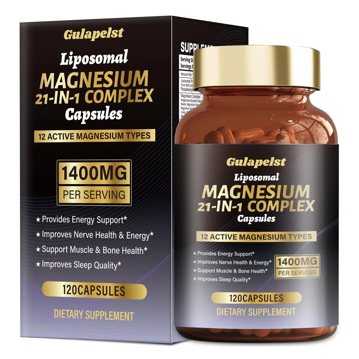 21 in 1 Liposomal 1400mg Magnesium Complex (Citrate, Glycinate, Malate etc) Capsule - 12 Active Types Magnesium with Vitamin D3, B6, B12, C, Ashwagandha & CoQ10 for Women & Men - Support Bone & Muscle Gulapelst Au supplements