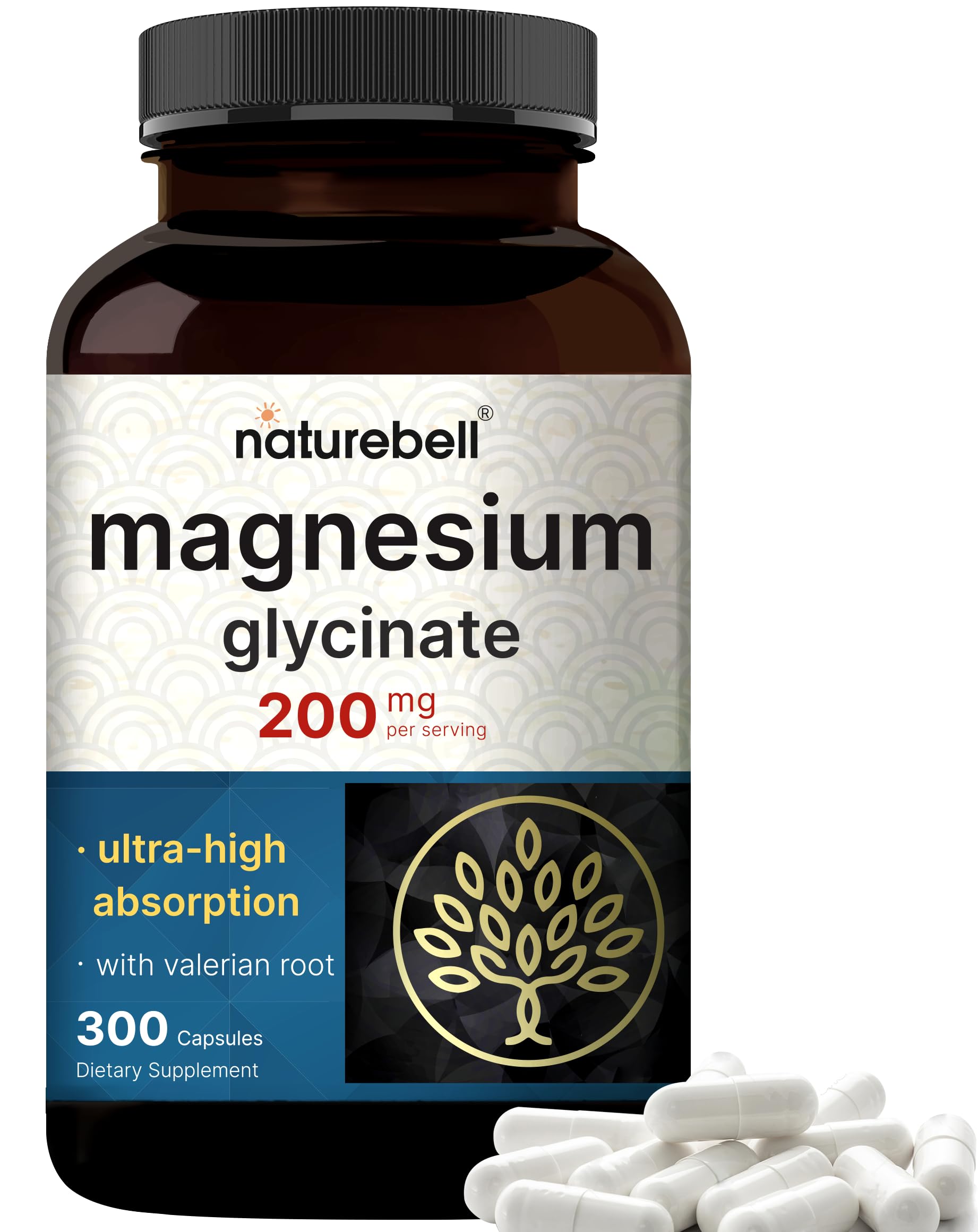 Pure Magnesium Glycinate for Sleep, 200mg with Valerian Root, 300 Capsules | 100% Chelated & Purified Mineral Supplement – Ultra High Absorption – Non-GMO, Gluten Free NatureBell Au supplements
