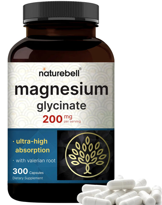 Pure Magnesium Glycinate for Sleep, 200mg with Valerian Root, 300 Capsules | 100% Chelated & Purified Mineral Supplement – Ultra High Absorption – Non-GMO, Gluten Free NatureBellAU supplements
