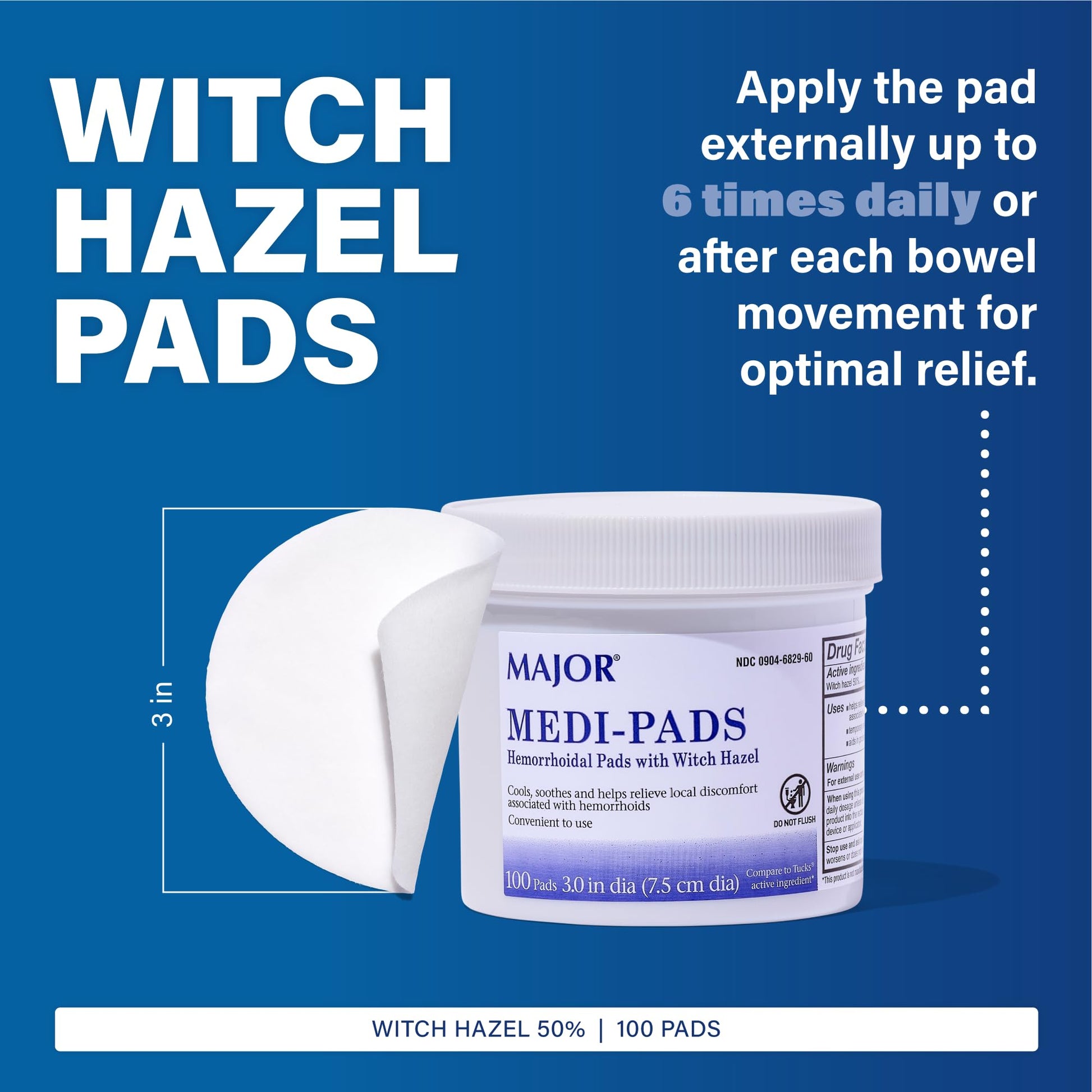 MAJOR Medi-Pads - Hemorrhoidal Hygienic Cleansing Witch Hazel Pads - Cooling Relief with Aloe - 100 Count Jar (2 Pack) MAJOR Au supplements