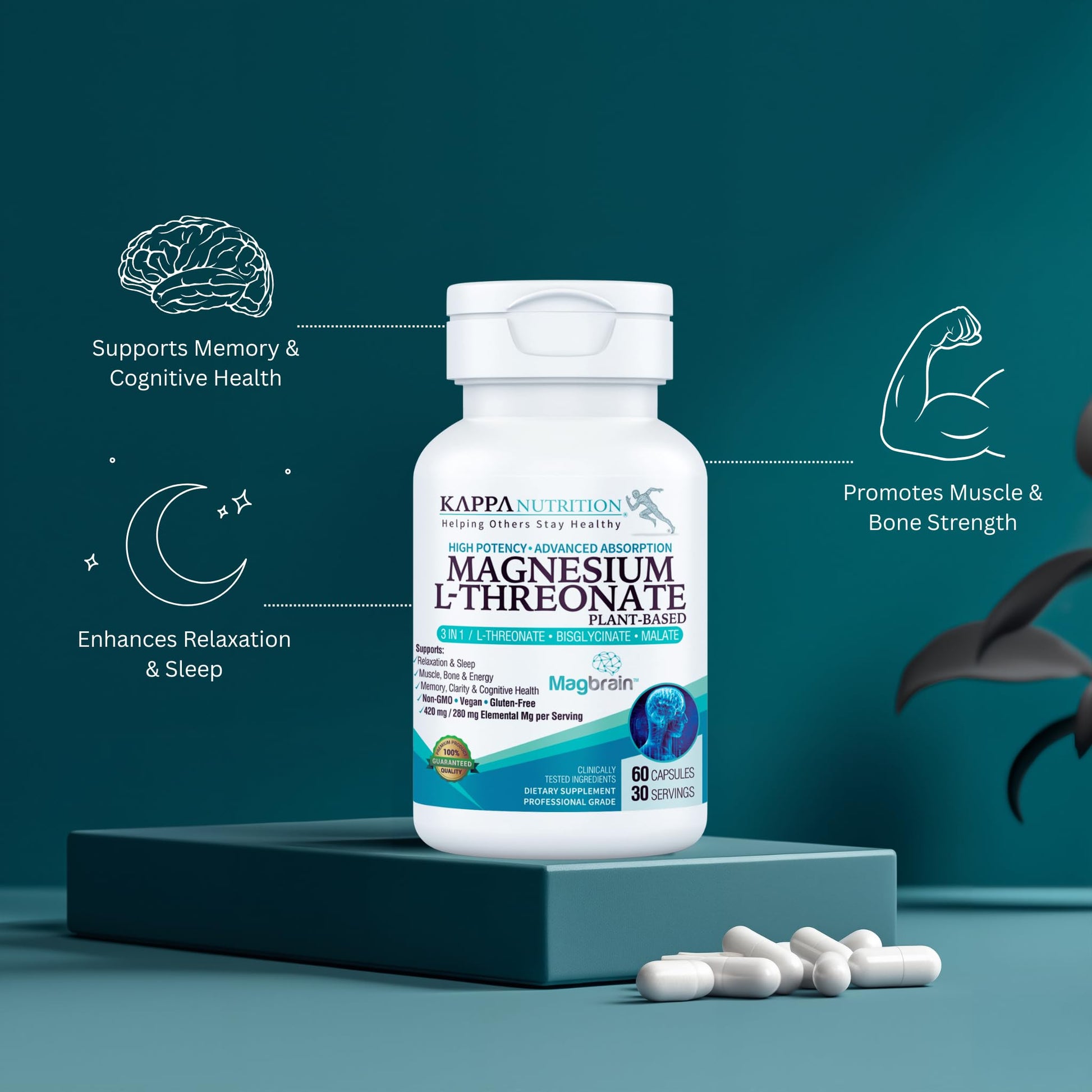 Kappa Nutrition Powered by Magbrain™ Magnesium L-Threonate Plant-Based, 60 Vegan Capsules, 420mg Elemental Magnesium (3 Capsules) from 2,253mg, Brain, Sleep & Muscle Support. KAPPA NUTRITION Au supplements