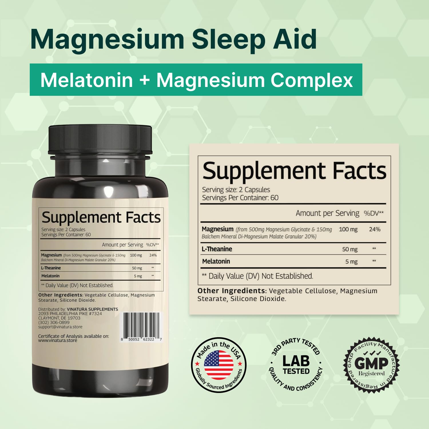 Magnesium Sleep Aid - Magnesium Glycinate Complex for Sleep with Melatonin Supplement - Glycinate 500mg, L-Theanine - 120 Capsules VINATURA Au supplements