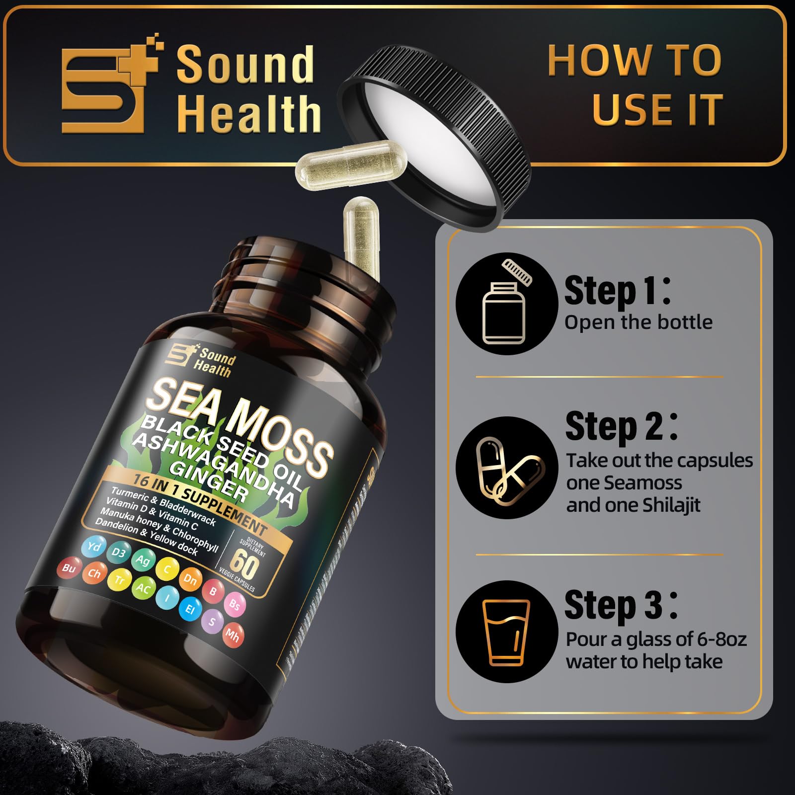 Sea Moss Capsules with Ashwagandha, Turmeric, Bladderwrack, Vitamins C & D for Natural Energy, Sleep Support & Hair Growth, 1200mg Herbal Blend, for Man & Women, Third-Party Tested，16-in-1 Supplement SoundHealth Au supplements