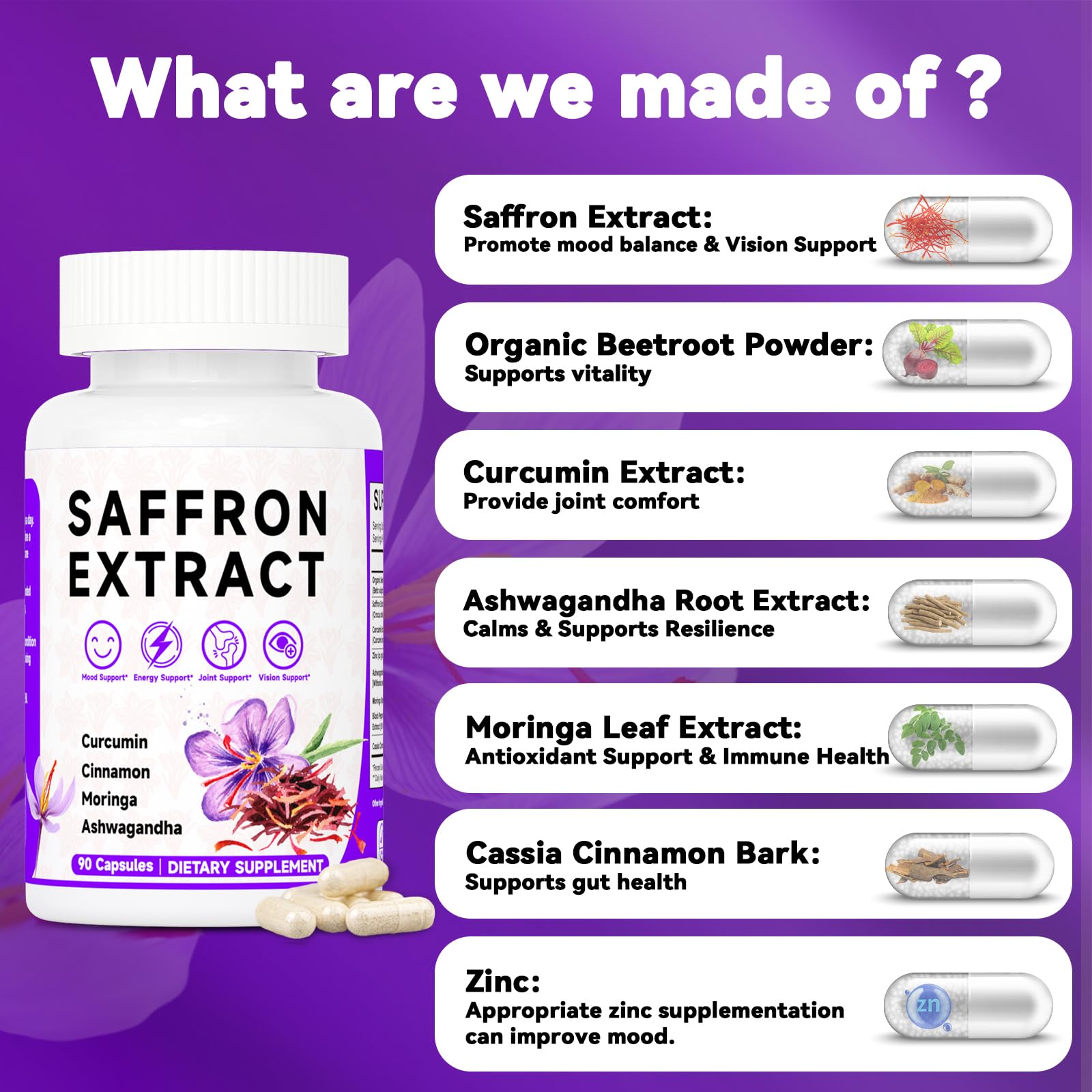 Happy Saffron Supplements, 100mg Saffron Extract, Saffron Blend with Turmeric & Ashwagandha, Supports Mood, Focus, and Energy Boost, 90 Capsules Mosslly Au supplements