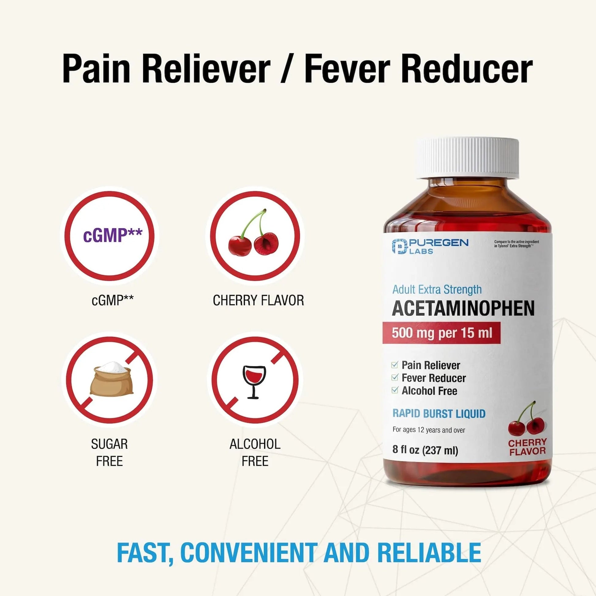 Puregen Labs Adult Extra Strength Acetaminophen Liquid 500mg/15ml - 8 fl oz Rapid Burst Pain Reliever/Fever Reducer, Cherry Flavor | Muscle & Joint Pain Relief | Arthritis Pain Relief P Puregen Labs Au supplements