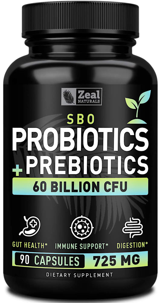 Probiotics and Prebiotics + SBO Probiotics (60 Billion CFU | 90 Capsules) Acidophilus Probiotic w. Saccharomyces Boulardii, Bifidobacterium + Spore Probiotic & Organic Sprouted Prebiotic Fiber Blend Zeal NaturalsAU supplements
