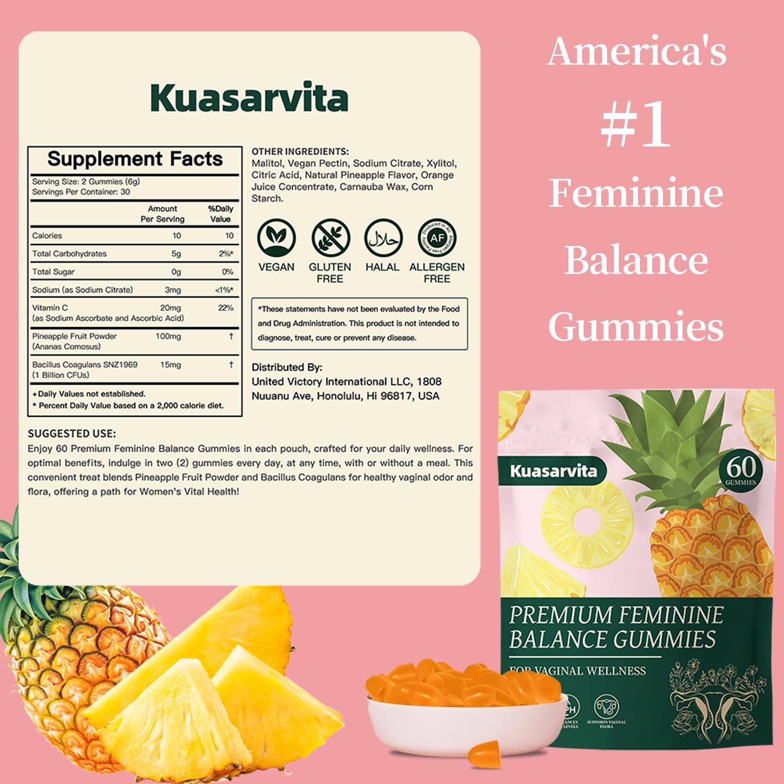 Premium Feminine Balance Gummies,Vital Vaginal Probiotics Source Feminine Gummies,Probiotic Gummies for Prenatal & Postnatal Women - Probiotics for Digestion, pH Balance, Gut Health, Immune Support Kuasarvita Au supplements