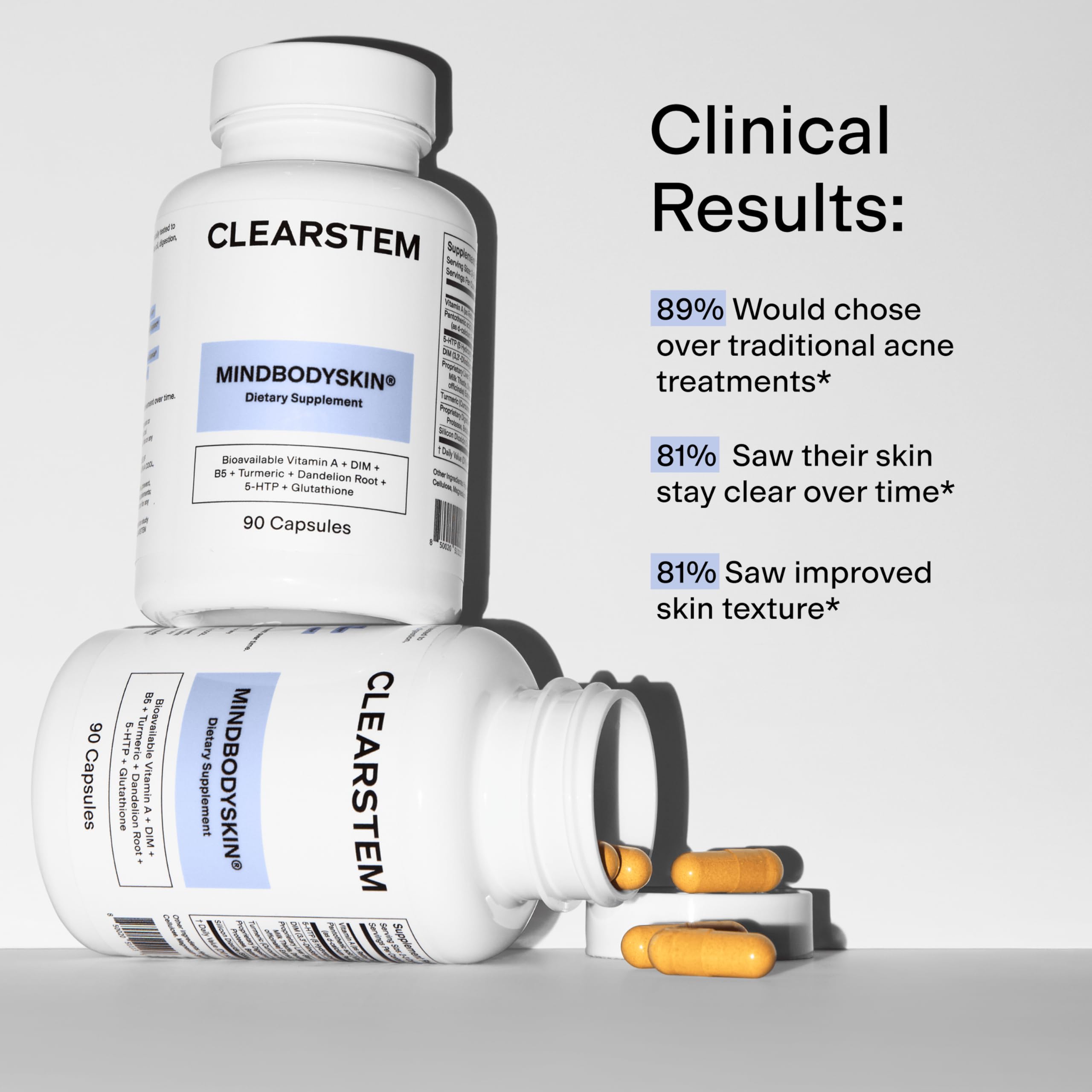 CLEARSTEM - MINDBODYSKIN Hormonal Acne Supplement (5-HTP) - Natural DIM Supplement - Skin Care Vitamins - Hormone Balance, Antioxidants - Gluten Free, Cruelty Free - 30 Servings, 90 Capsules CLEARSTEM Au supplements