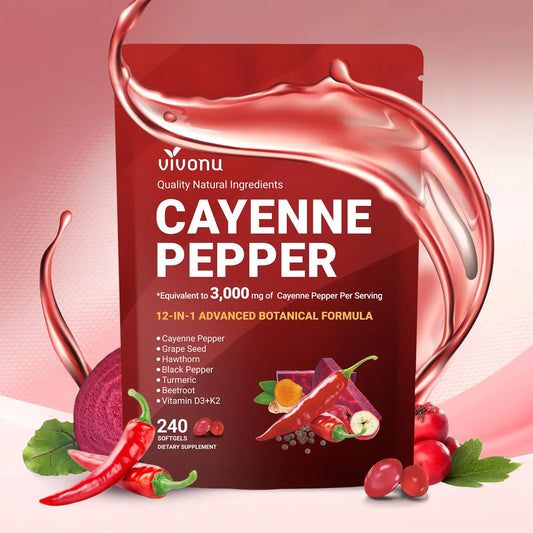 VivoNu Cayenne Pepper Softgels Supplement, Supports Leg Vein, Heart and Blood Vessel Health, with Vitamin E D3+K2 and Extracts of Grape Seed, Hawthorn VivoNu