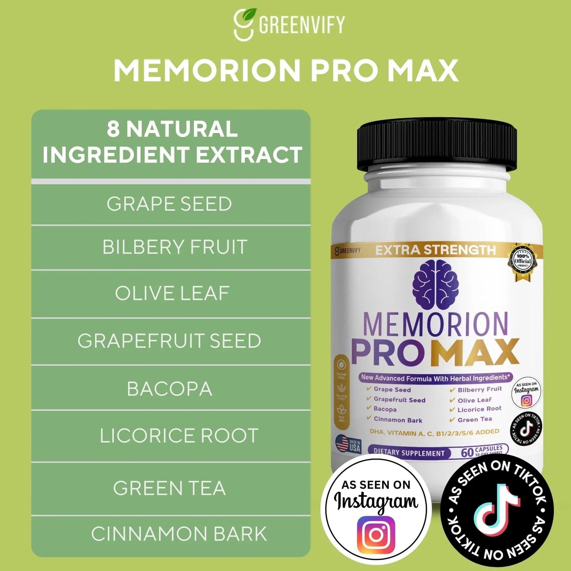 GREENVIFY Memorion Pro Max Extra Strength Brain Support Supplement, 60 Capsules, with DHA, Vitamins, Herbal Blend, 30-Day Supply (1) GREENVIFY Au supplements