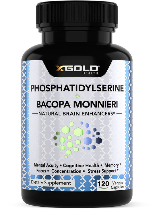 PhosphatidylSerine & Bacopa Monnieri 800 mg 2 in 1 Supplement - Natural Brain Enhancer/Nootropic for Enhanced Focus and Concentration, Memory Support, & Cognitive Function - 120 Vegetarian Capsules X Gold HealthAu supplements