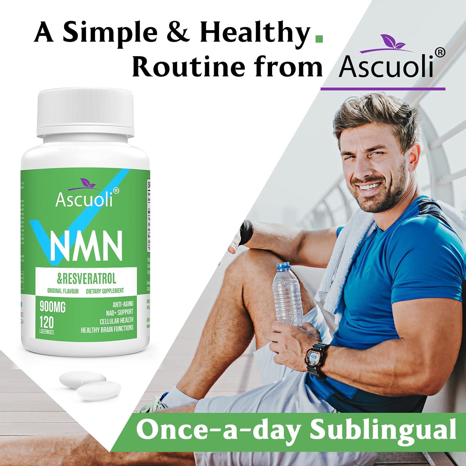 Sublingual NMN 500mg + Trans-Resveratrol 400mg, 3-in-1 Advanced Formula 99% Pure NMN Resveratrol Supplement for Boost* NAD, Cell, Immune, Energy & Muscle, Anti-Aging, 120 Lozenges, 120-Day Supply Ascuoli Au supplements