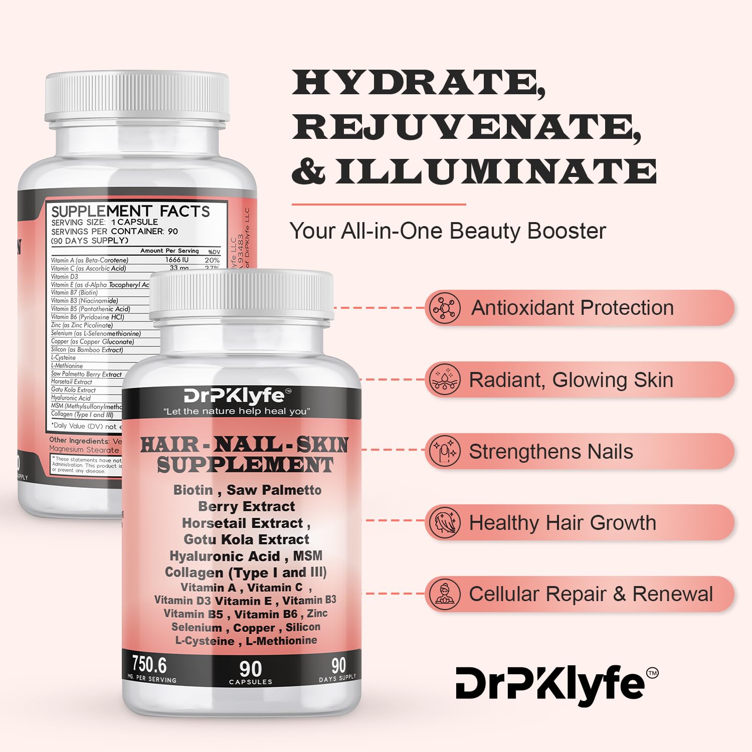 DrPKLyfe Hair, Nail and Skin Supplement Capsules:Biotin, Collagen, Collagen Peptides, Acid Hyaluronic, Biotin, Vitamin A, C, B5, B6 Saw Palmetto & More - 90 Capsules. DrPKLyfe Au supplements