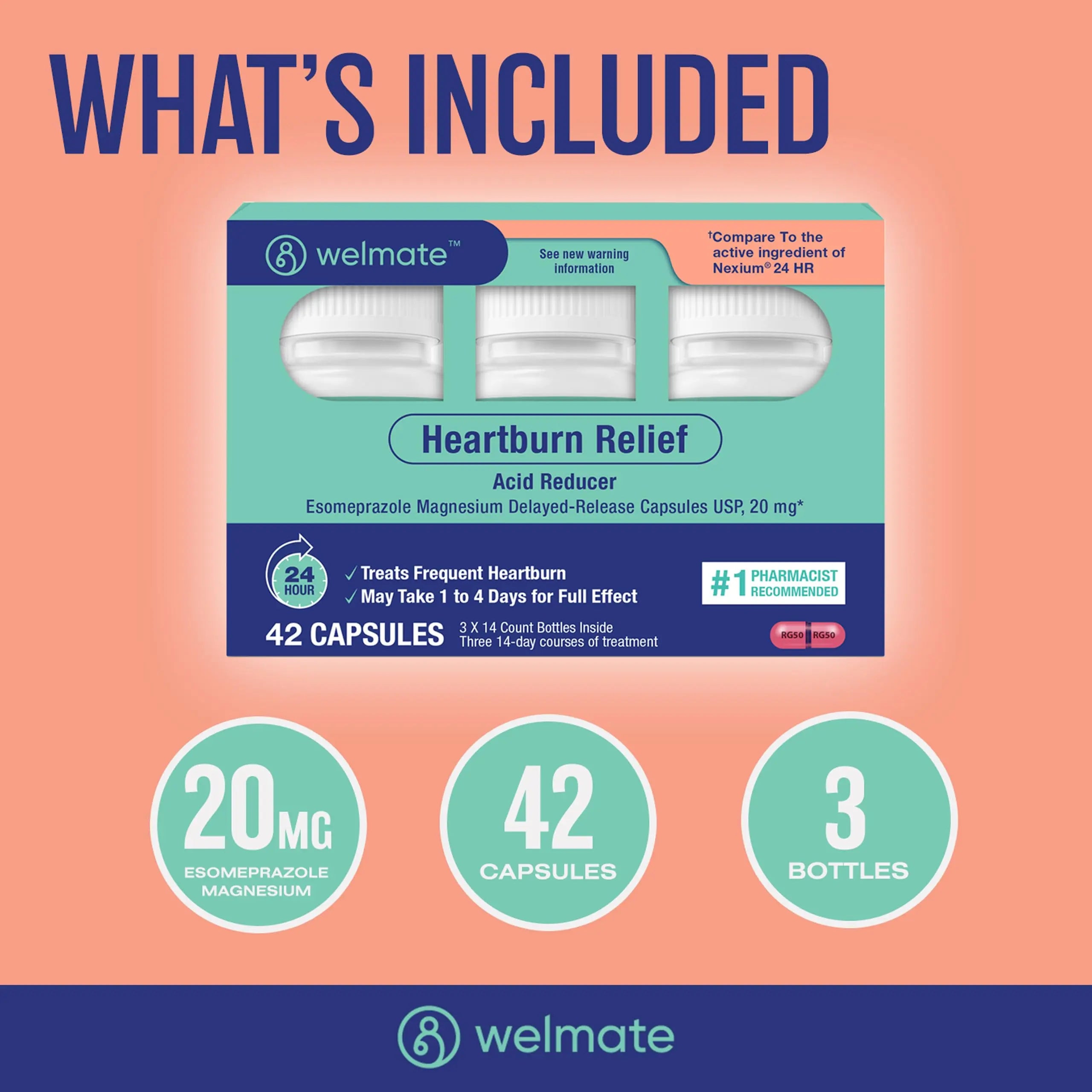 WELMATE Esomeprazole Magnesium 20mg Delayed Release Capsules, 84 Count (2-Pack) – Acid Reducer for Frequent Heartburn & Acid Reflux Relief, 24HR Protection, Digestion Support WELMATE Au supplements