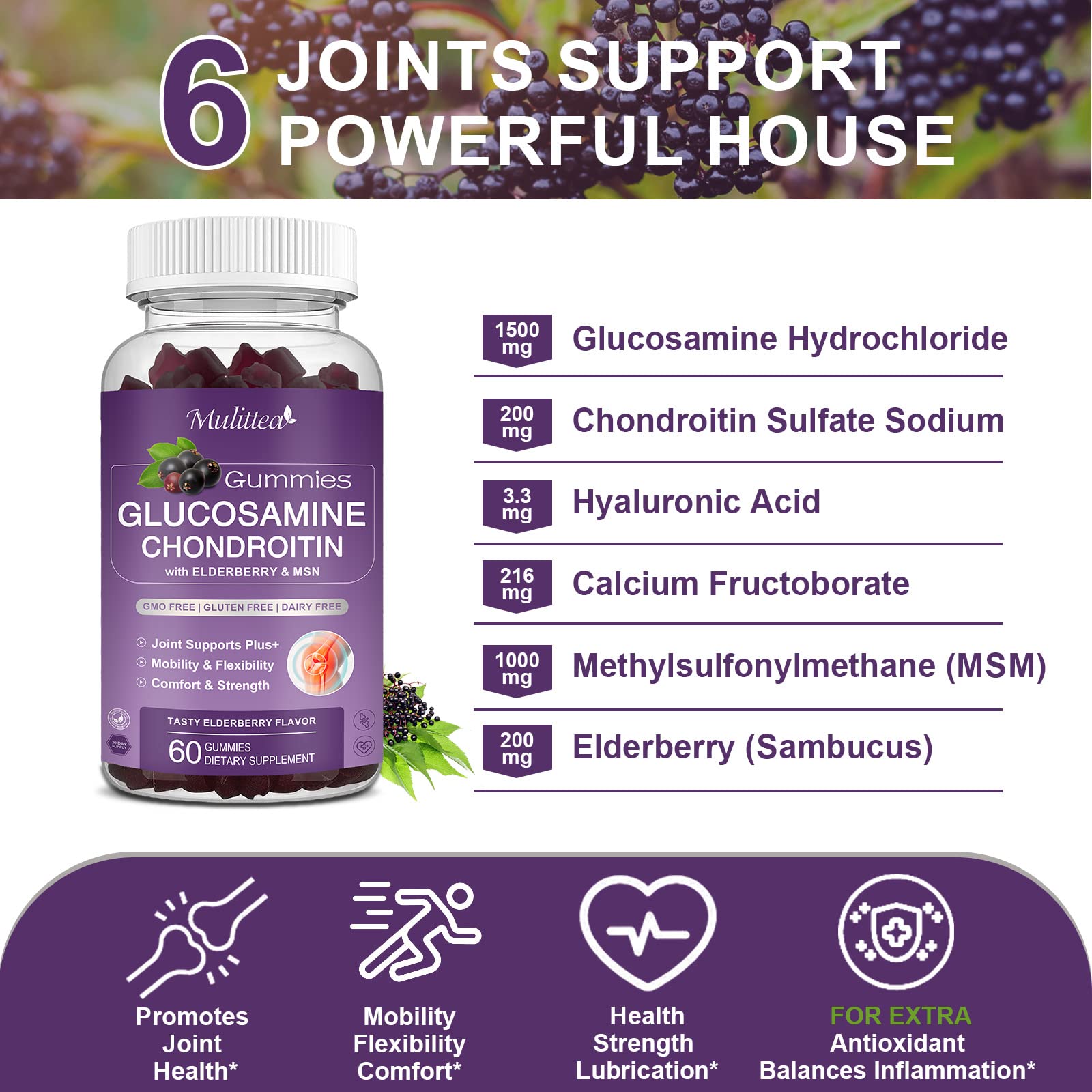 Mulittea Glucosamine Chondroitin Gummies - Extra Strength Joint Support Supplement with MSM & Elderberry for Natural Joint, Antioxidant Immune Support for Adults, Men & Women-(2 Pack) Mulittea Au supplements