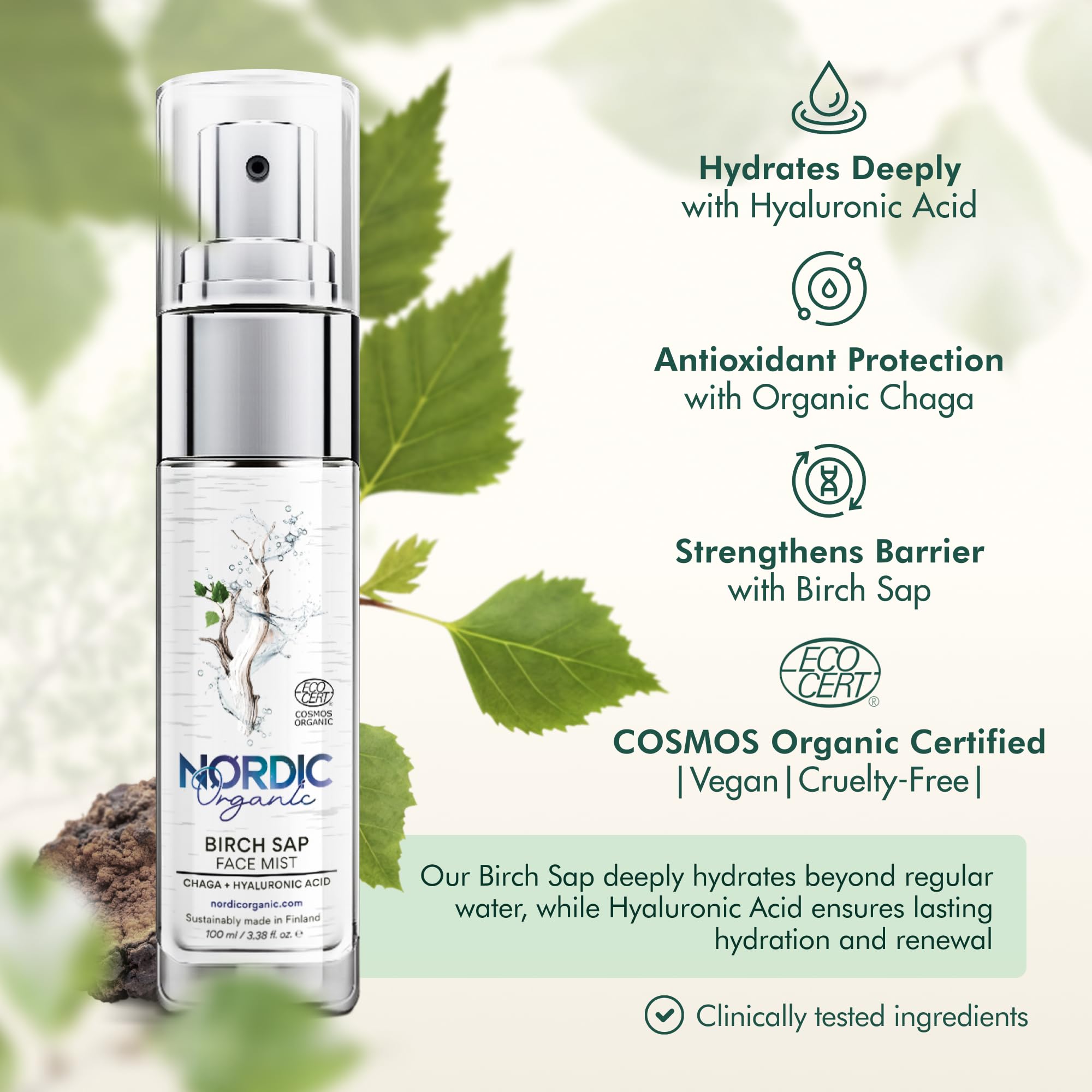 Nordic Organic Birch Sap Face Mist – COSMOS Certified Organic Formula with Hyaluronic Acid & Chaga Mushroom, Fragrance Free, Made in Finland 3.38 oz (100 ml), 1 Bottle Nordic Organic Au supplements