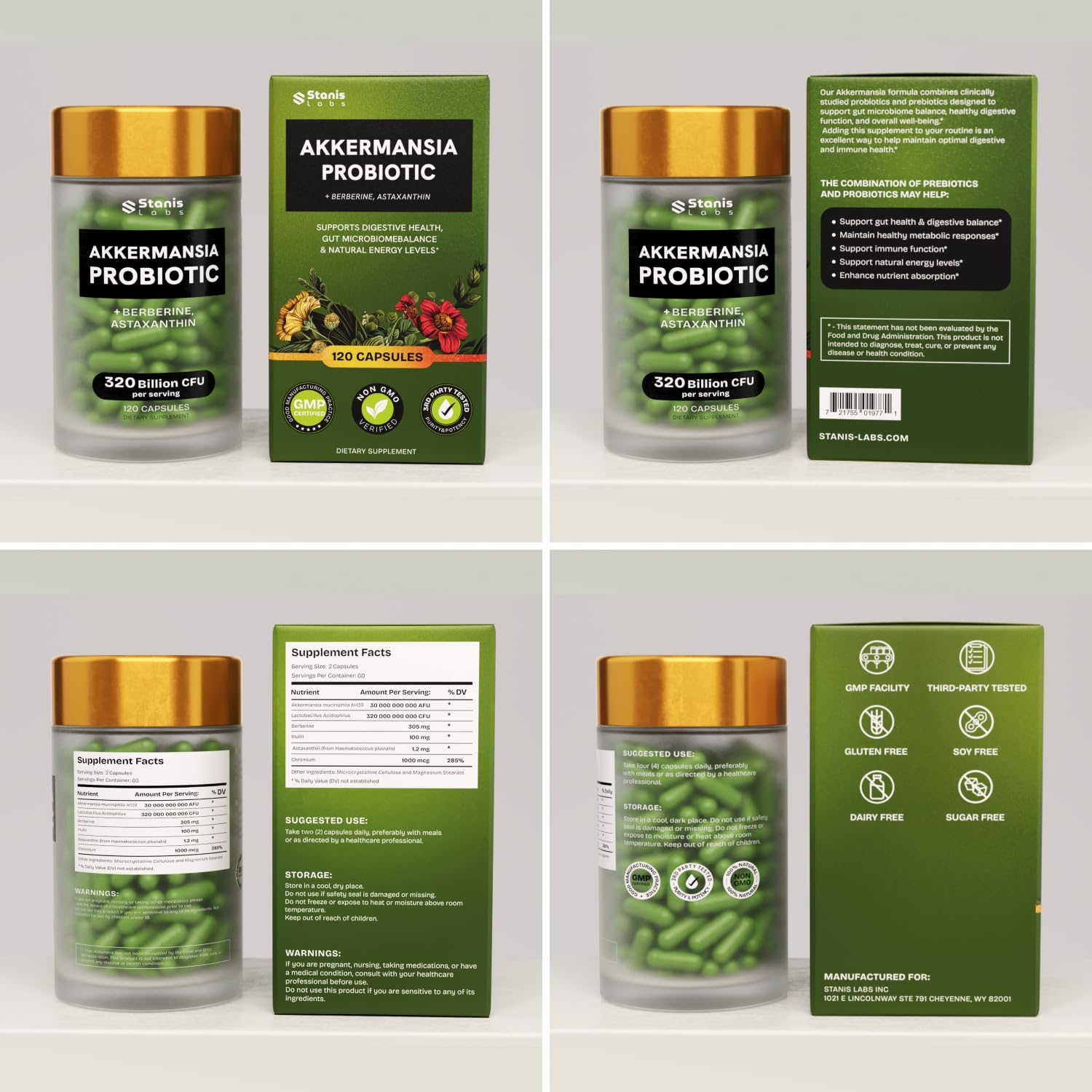 Akkermansia Muciniphila Probiotics 320 Billion CFU| Probiotic and Prebiotic | Akkermansia Probiotics for gut health | Inulin Prebiotic Fiber Capsules Astaxanthin & Berberine & Chromium | 120 capsules Stanis Labs Au supplements