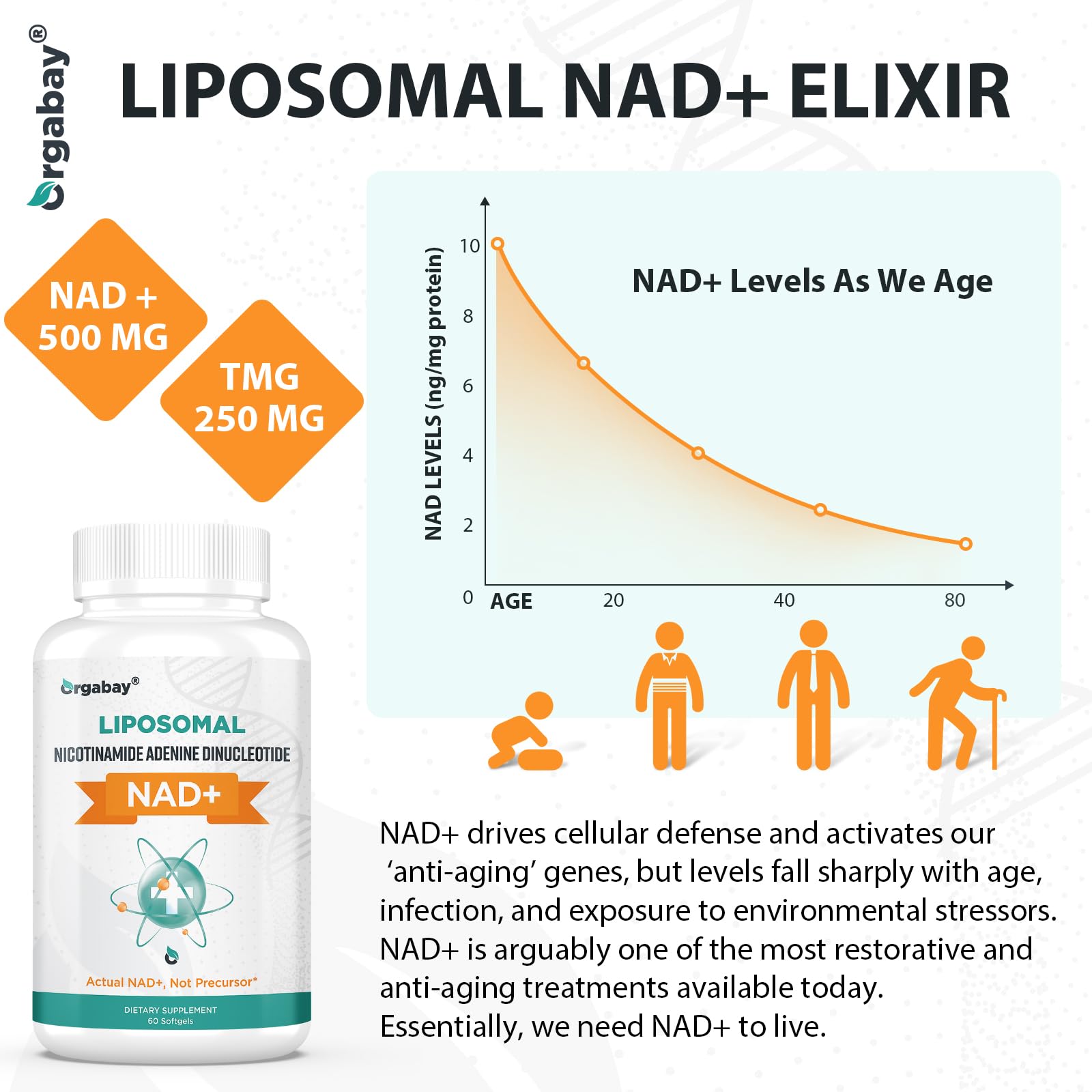 Orgabay Liposomal NAD+ Supplement 500 mg, High Absorption, Boost NAD+ with TMG 250 mg, Actual NAD Plus More Efficient Than Nicotinamide Riboside, Support Cellular Energy, Healthy Aging | 180 Softgels Orgabay Au supplements