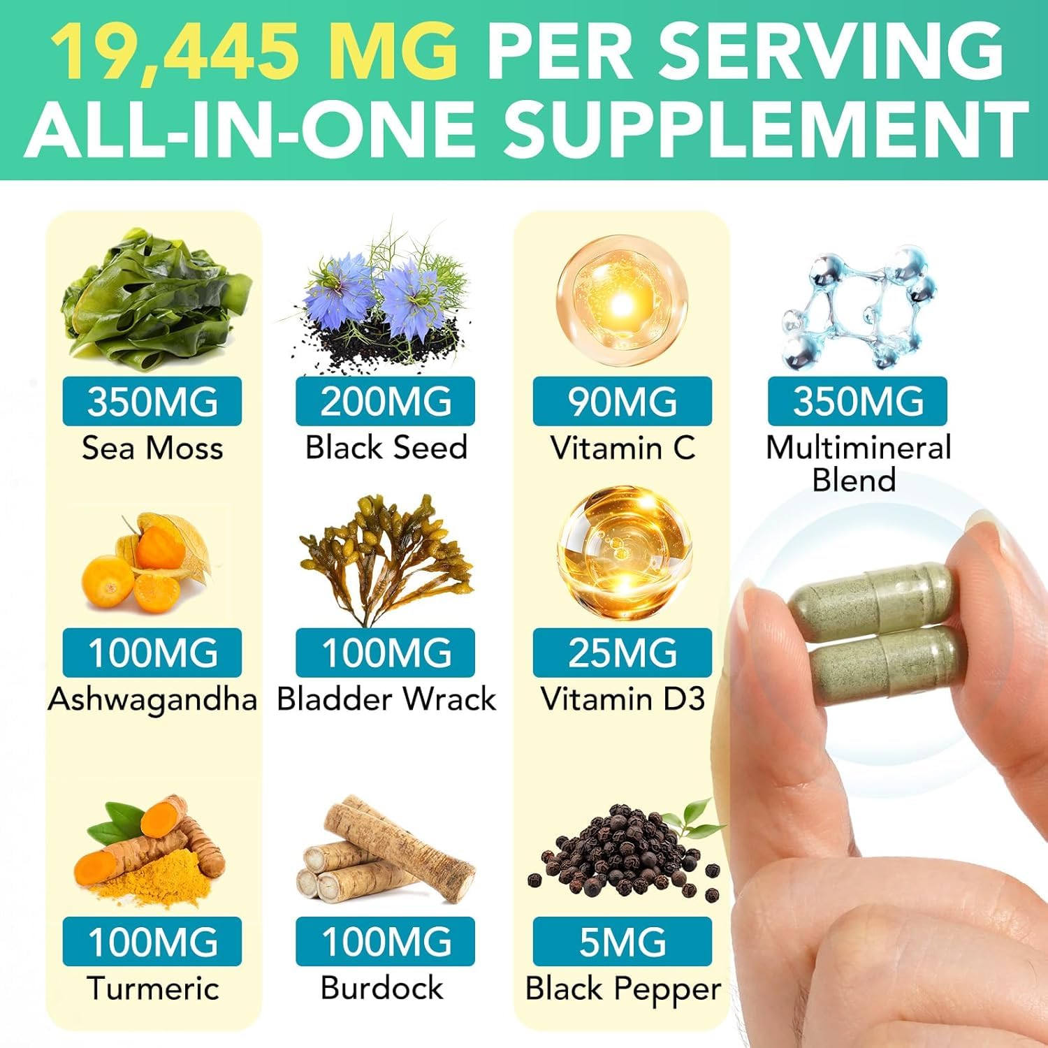 HealthyFinds Sea Moss Black Seed Oil Ashwagandha Ginger Capsules with Turmeric Bladderwrack Burdock & Vitamin C Vitamin D3 with Elderberry Manuka Dandelion Yellow Dock Iodine Chlorophyll ACV HealthyFinds Au supplements